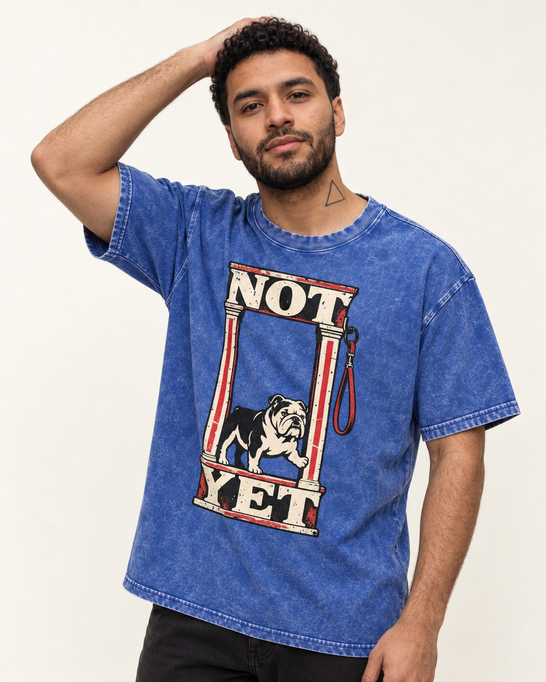 English Bulldog Not Yet Doorway Graphic Washed Tee in Royal Blue, worn by a model