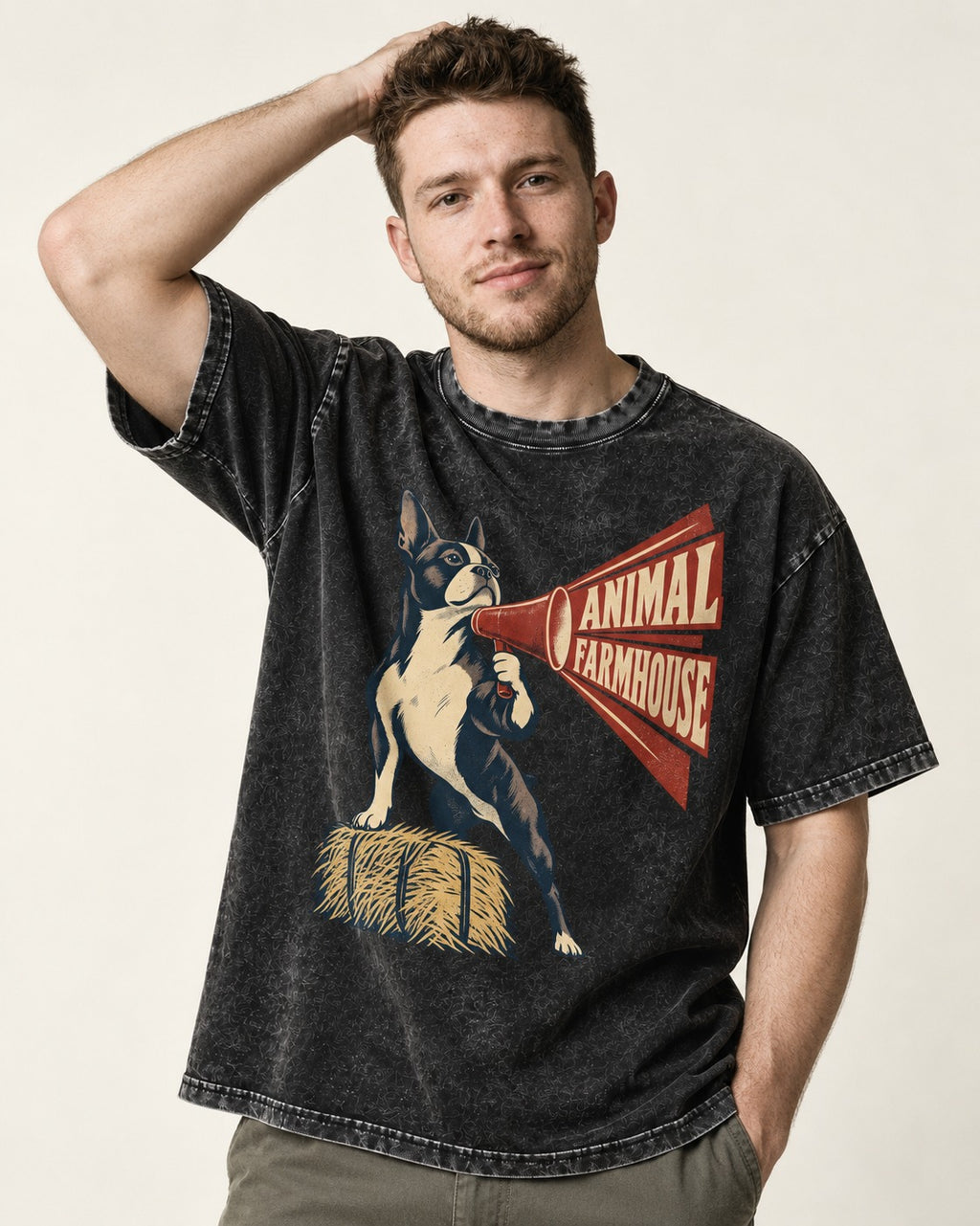 Animal Farmhouse Boston Terrier Washed Tee in Black, worn by a model
