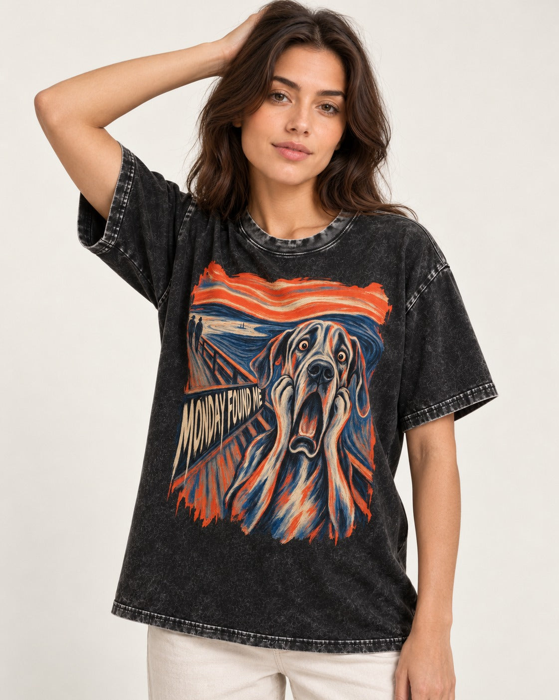 Great Dane Monday Found Me Scream Parody Graphic Washed Tee in Black, worn by a model