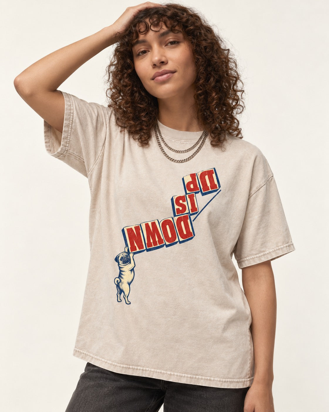 Down Is Up Pug Washed Tee in Apricot, worn by a model