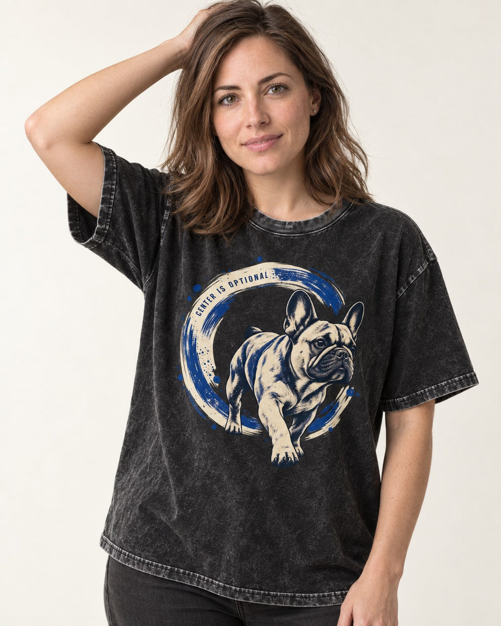 Frenchie Center Is Optional Brush Circle Graphic Washed Tee in Black, worn by a model