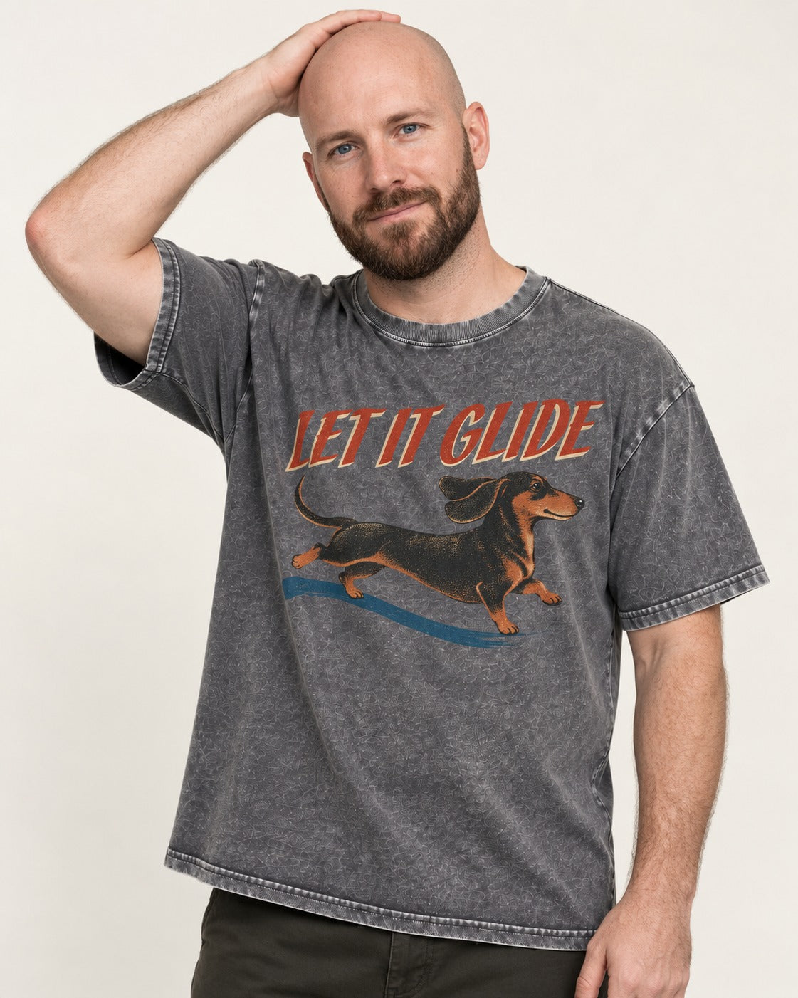 Let It Glide Dachshund Washed Tee in Gray, worn by a model