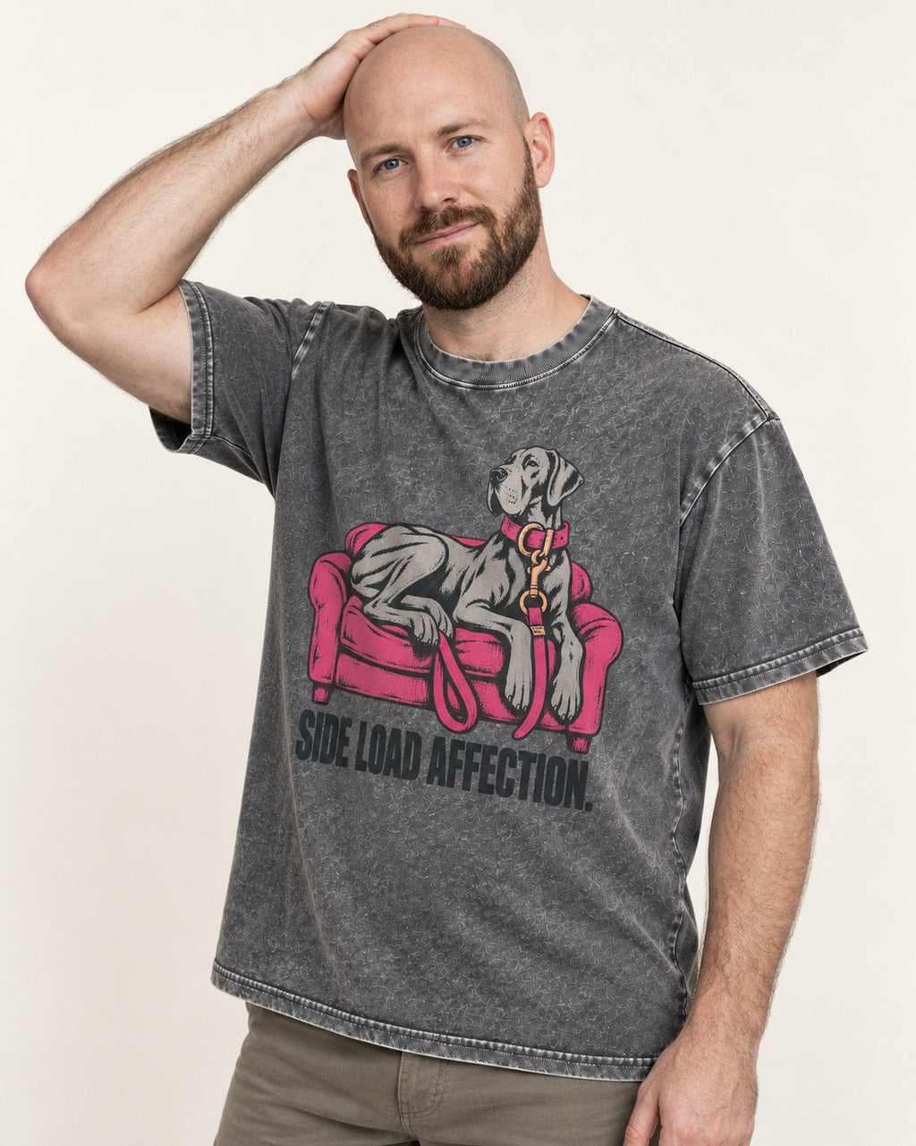 Great Dane Side Load Affection Washed Tee in Gray, worn by a model