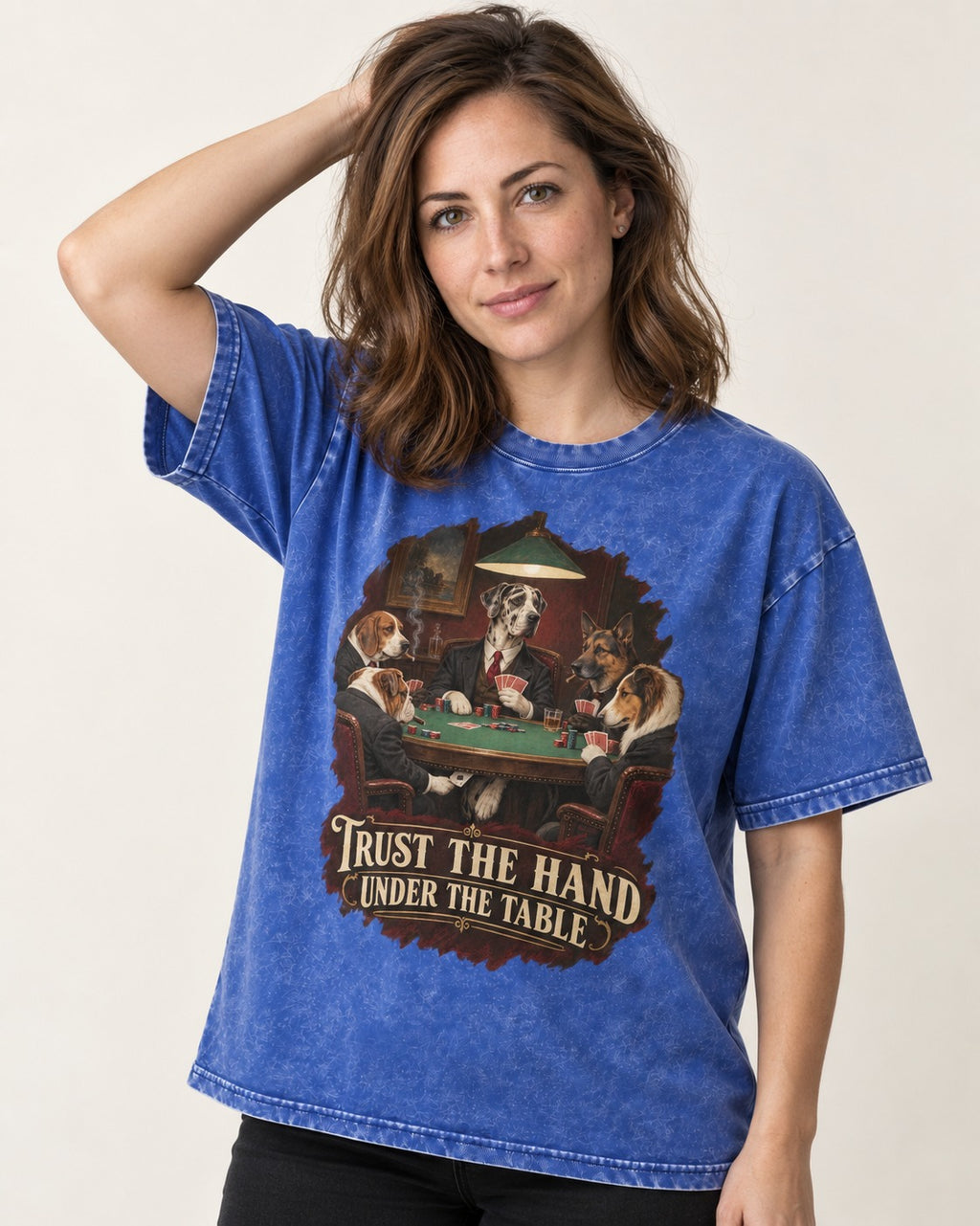 Great Dane Trust the Hand Under the Table Poker Graphic Washed Tee in Royal Blue, worn by a model