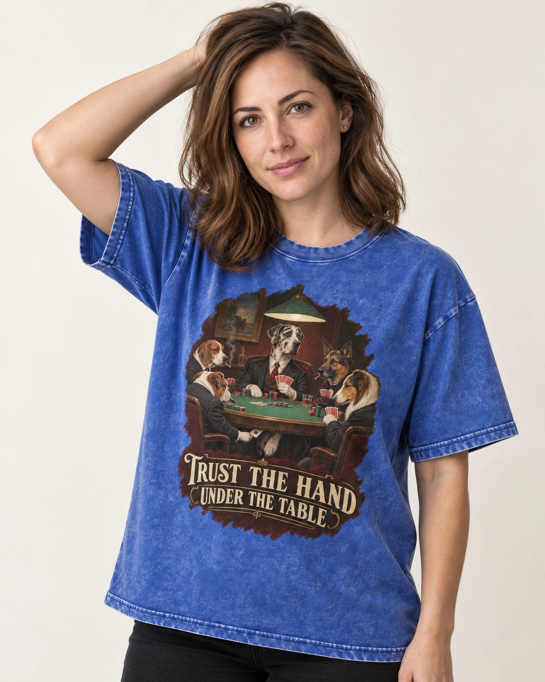 Great Dane Trust the Hand Under the Table Poker Graphic Washed Tee in Royal Blue, worn by a model