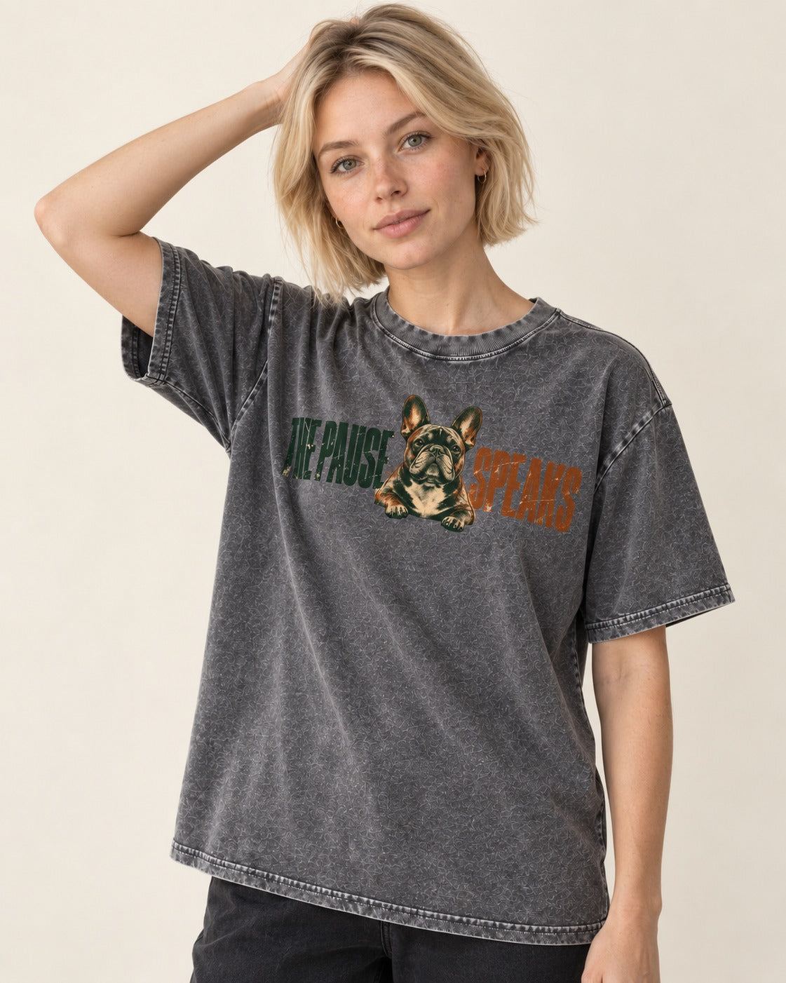 The Frenchie Pause Speaks Washed Tee in Gray, worn by a model