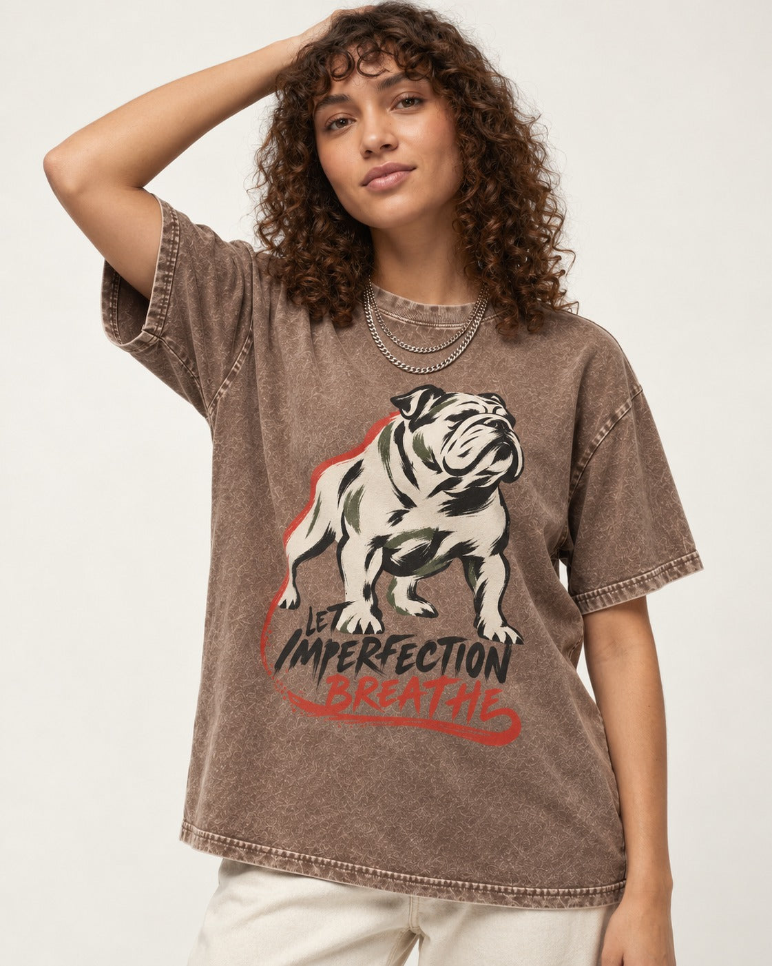Let Imperfection Breathe English Bulldog Washed Tee in Coffee, worn by a model