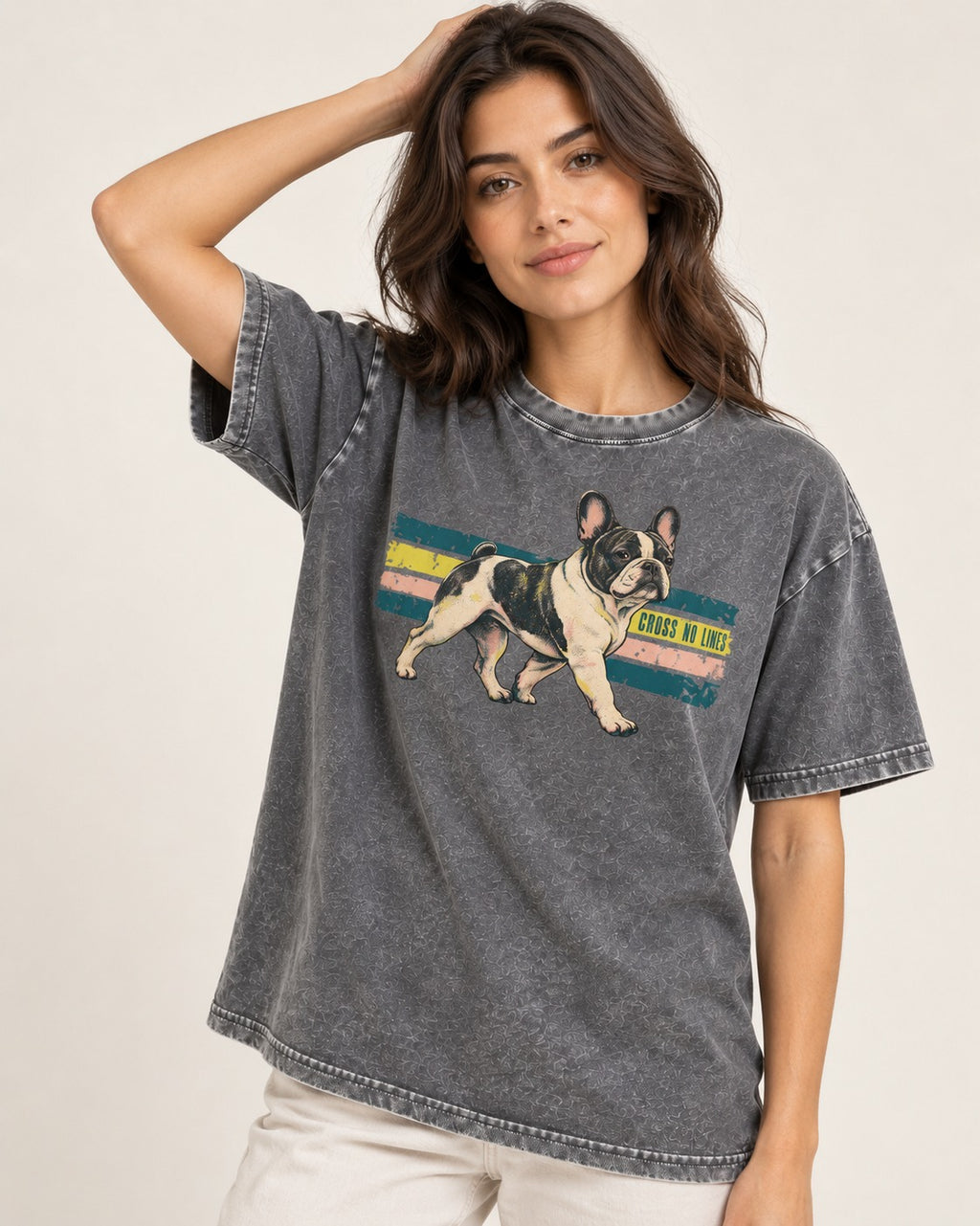 Frenchie Cross No Lines Washed Tee in Gray, worn by a model