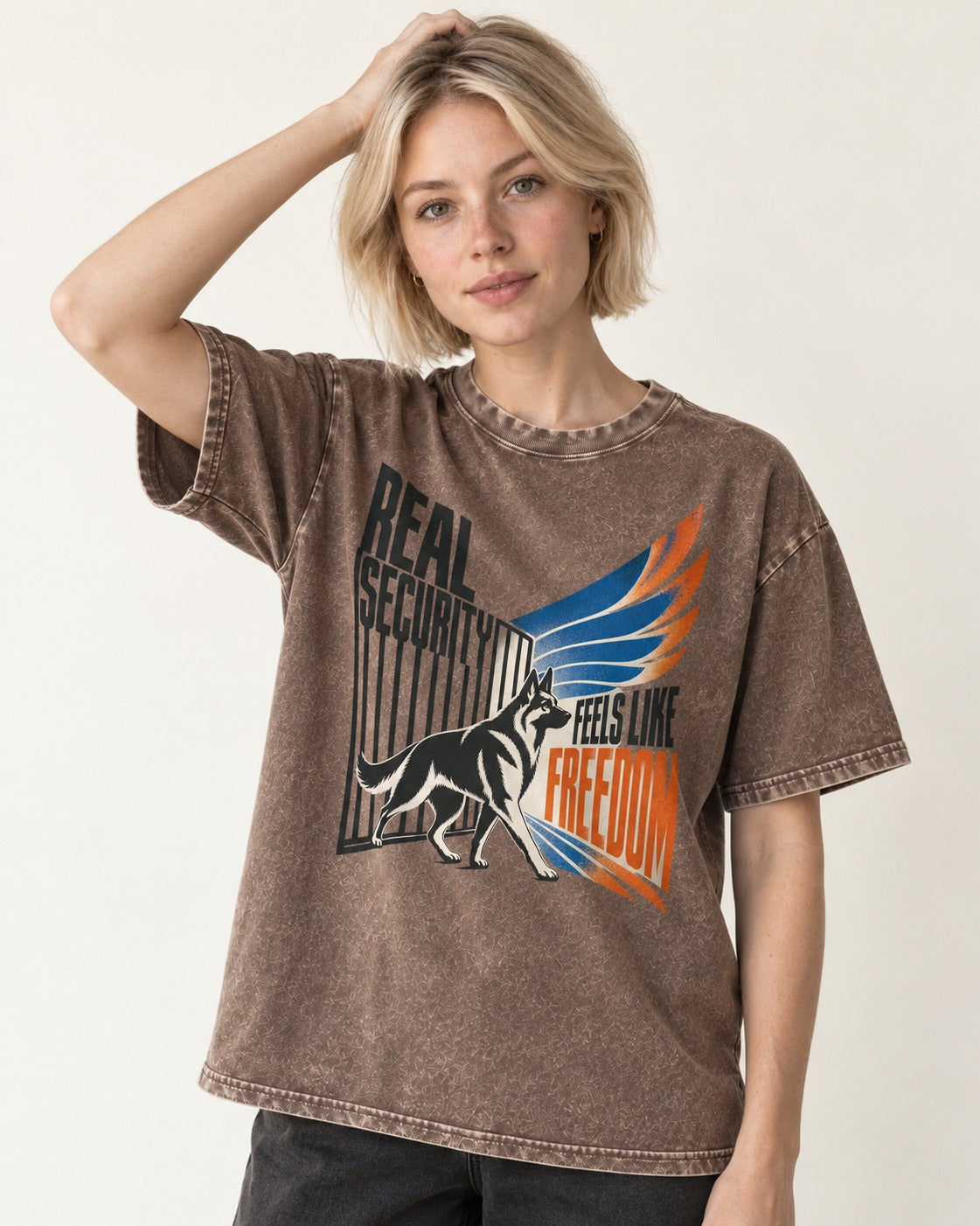 German Shepherd Dog Feels Like Freedom Washed Tee in Coffee, worn by a model