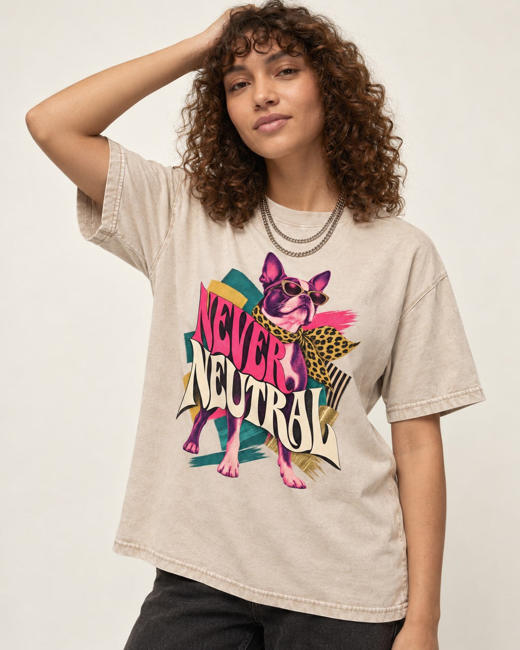 Boston Terrier Never Neutral Fashion Collage Graphic Washed Tee in Apricot, worn by a model