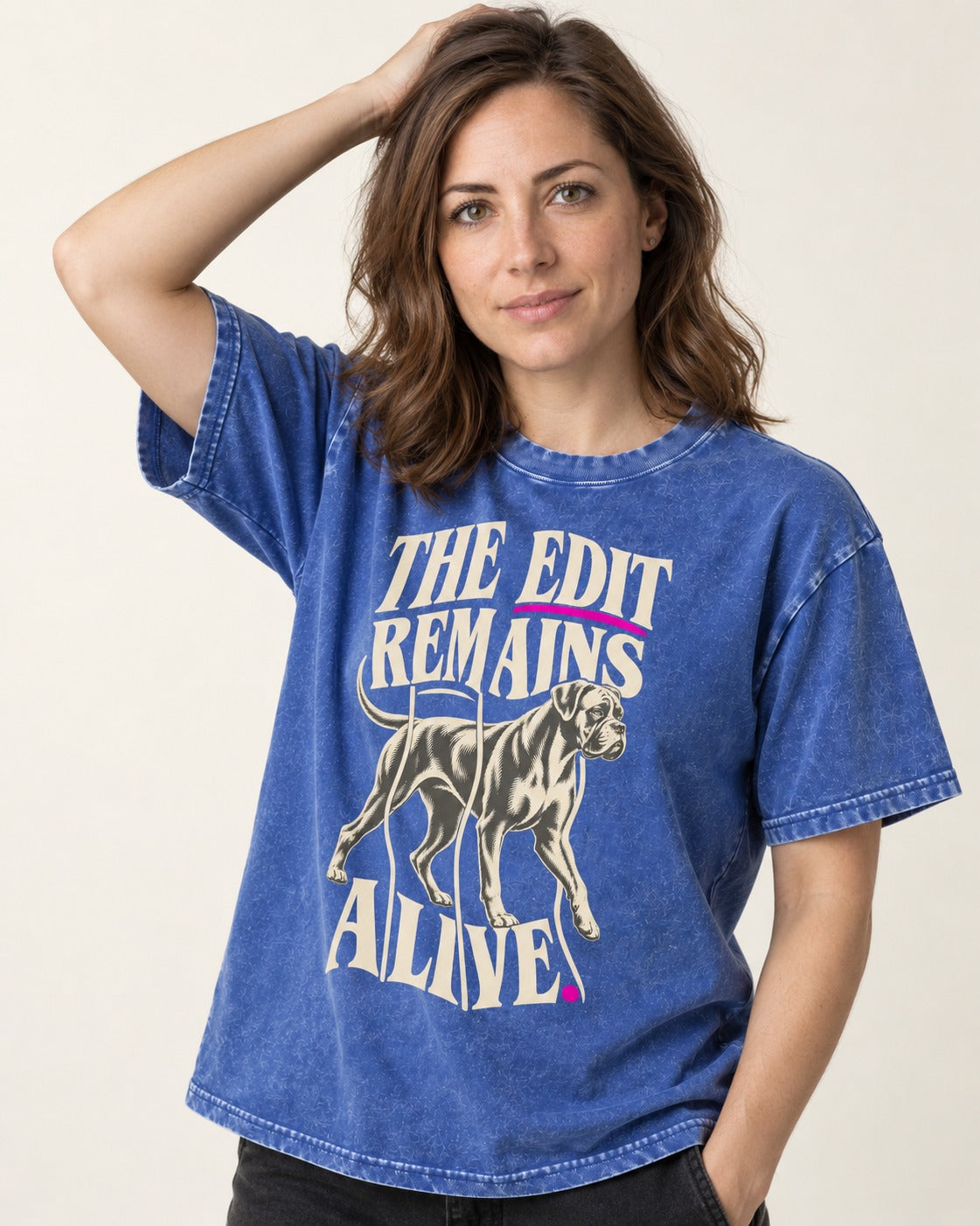 The Edit Remains Alive Boxer Washed Tee in Royal Blue, worn by a model