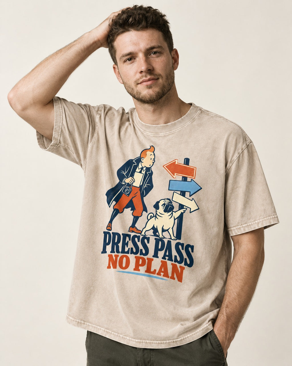 Pug Press Pass No Plan Washed Tee in Apricot, worn by a model