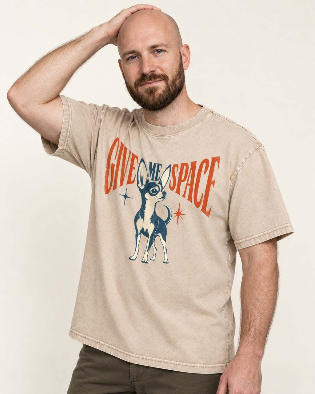Chihuahua Give Me Space Starburst Graphic Washed Tee in Apricot, worn by a model