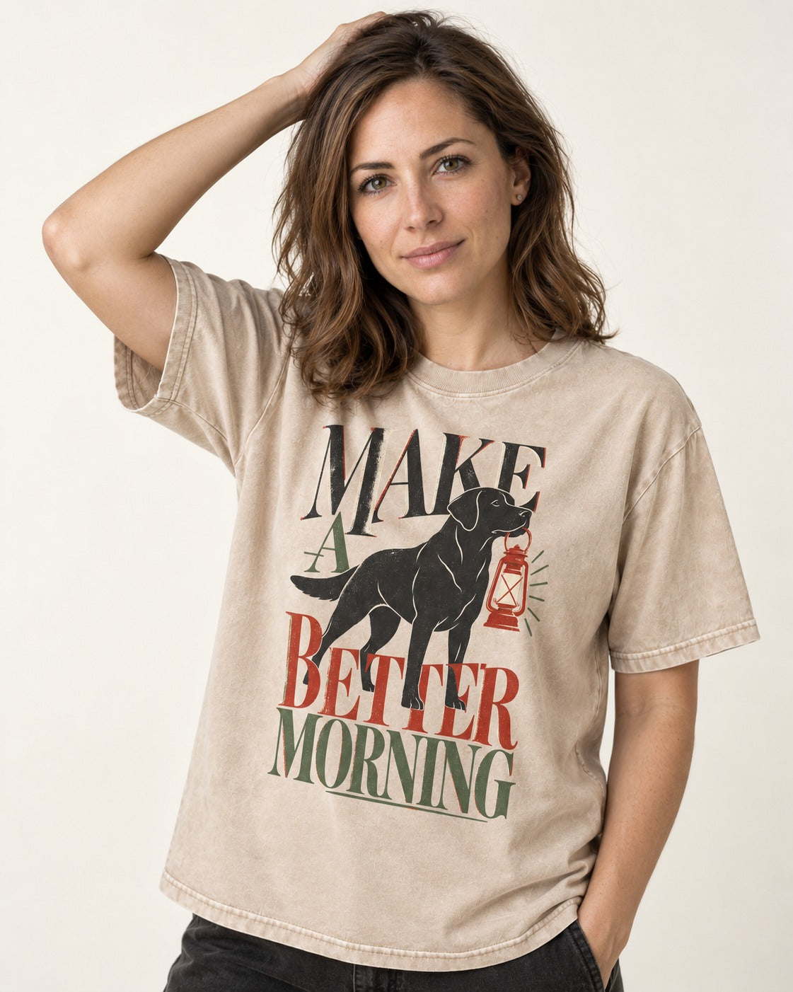 Make a Better Morning Labrador Retriever Washed Tee in Apricot, worn by a model