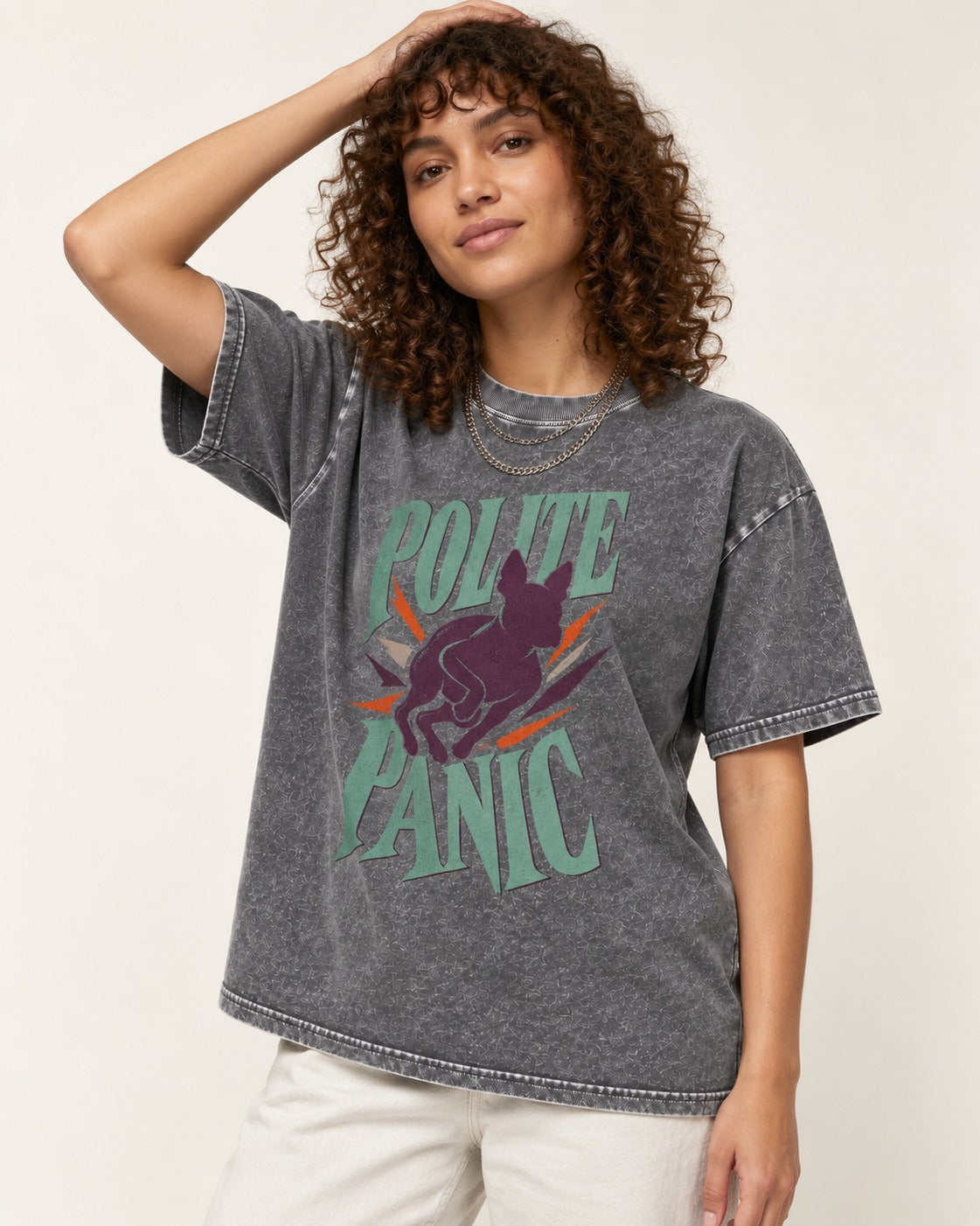 Polite Panic Boston Terrier Washed Tee in Gray, worn by a model