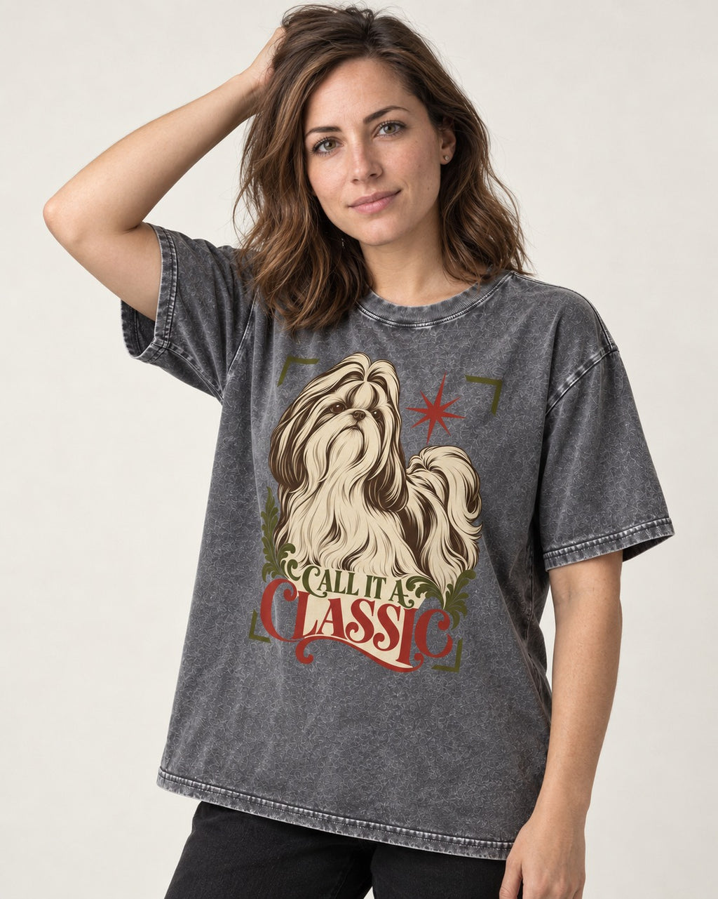 Call It a Shih Tzu Classic Washed Tee in Gray, worn by a model