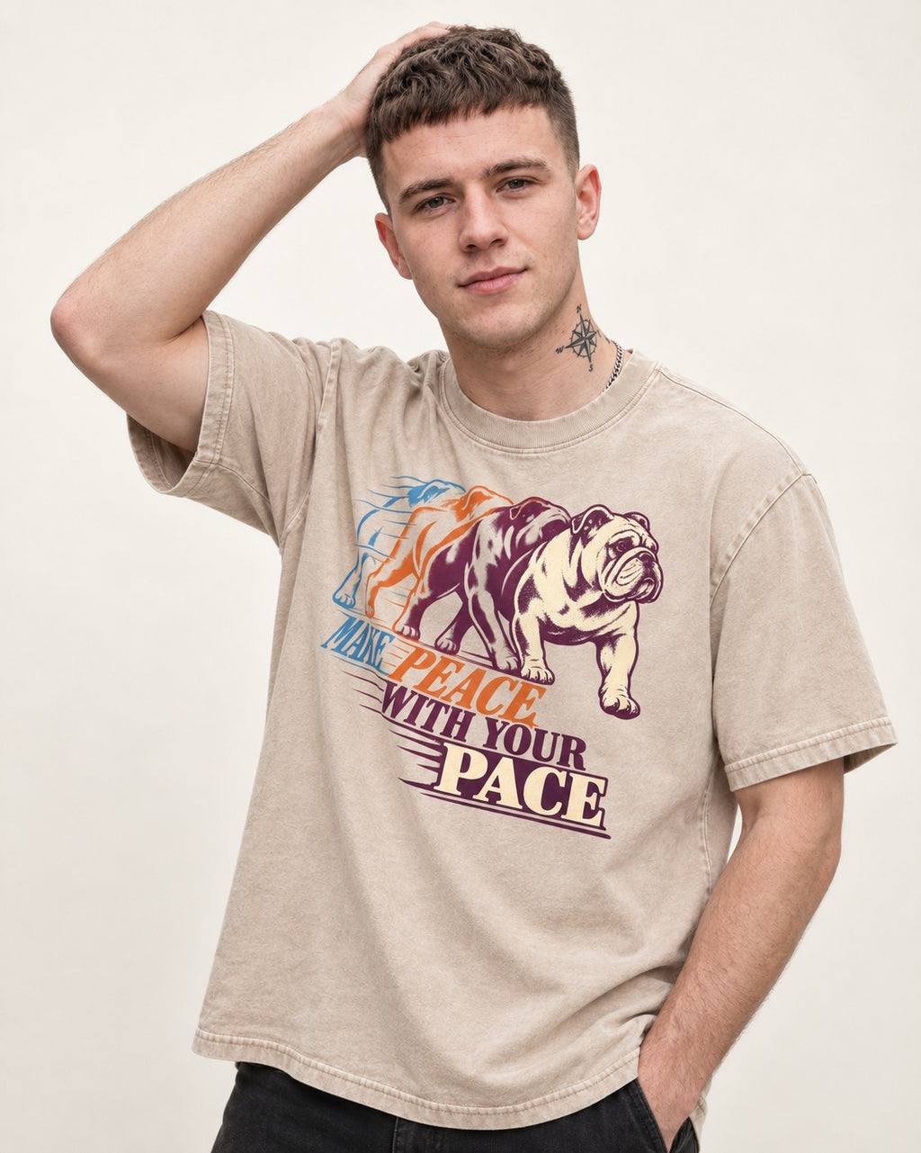 English Bulldog Peace with Your Pace Washed Tee in Apricot, worn by a model