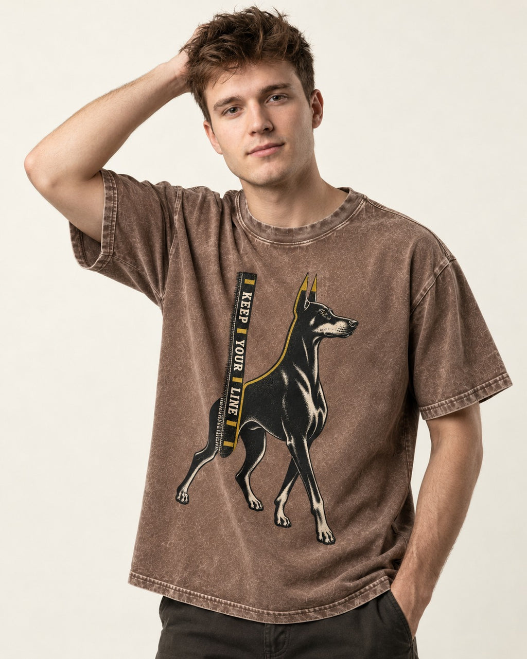 Keep Your Line Doberman Washed Tee in Coffee, worn by a model