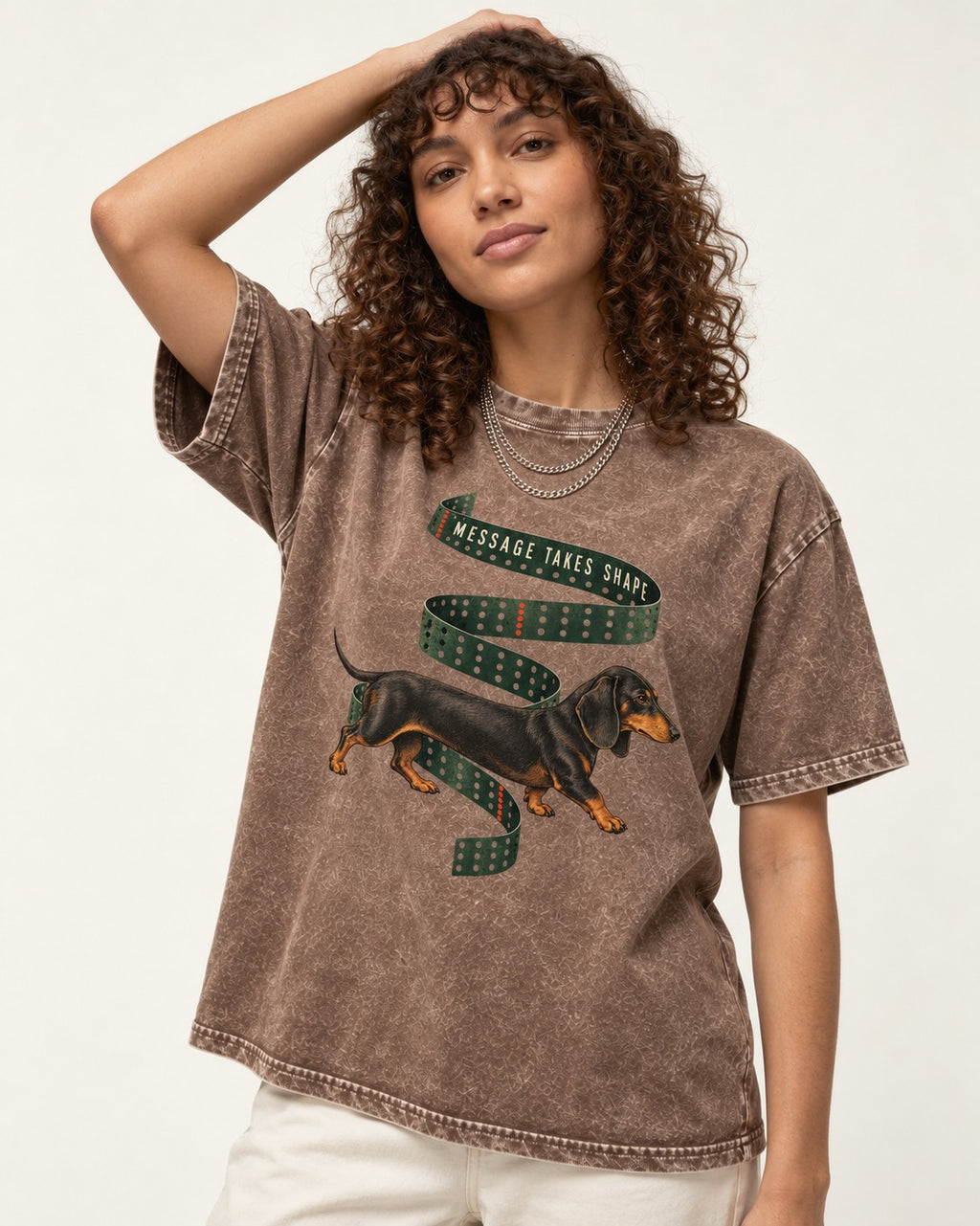 Dachshund Message Takes Shape Washed Tee in Coffee, worn by a model