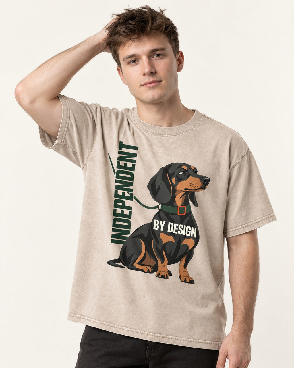 Independent Dachshund Washed Tee in Apricot, worn by a model