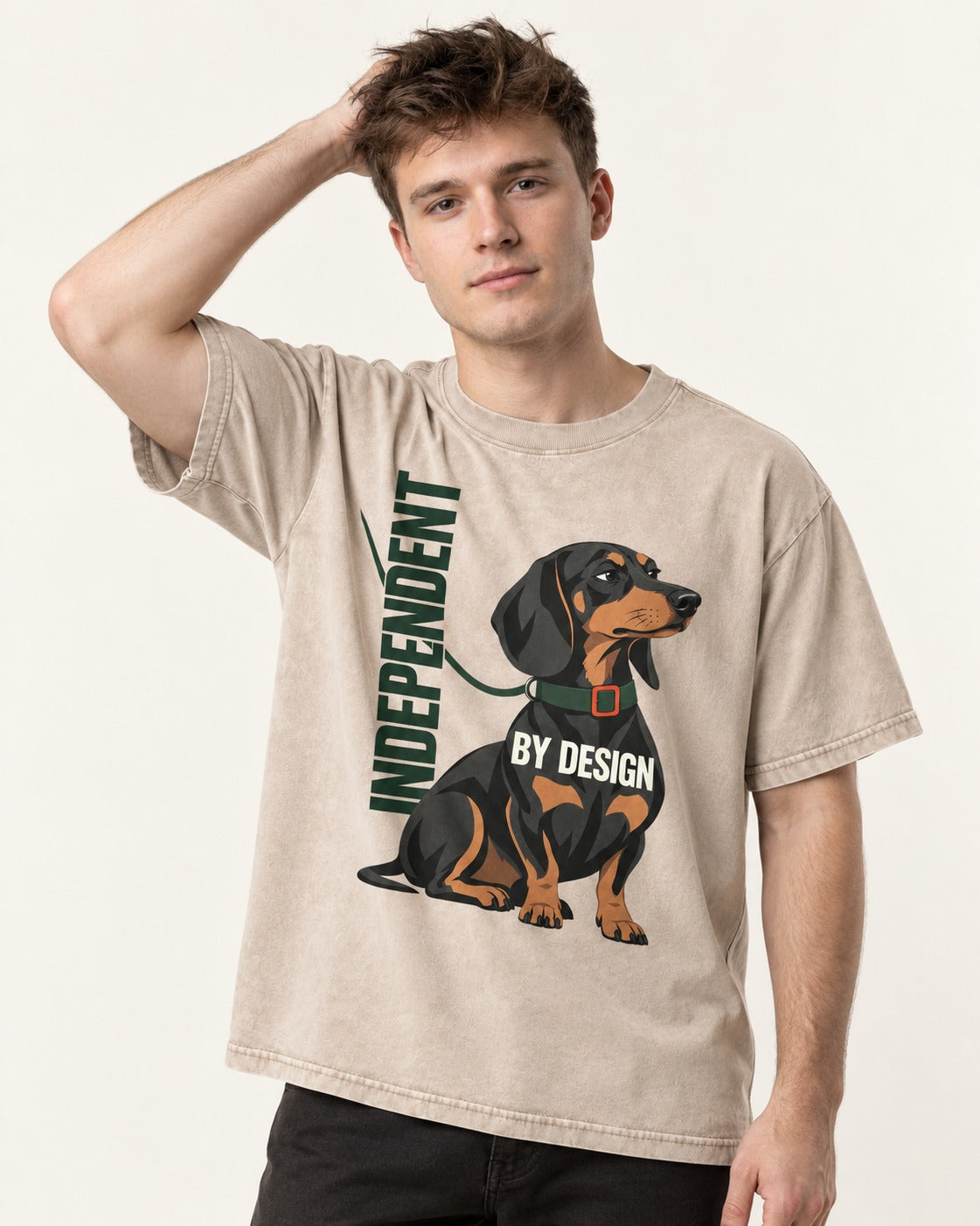 Independent Dachshund Washed Tee in Apricot, worn by a model