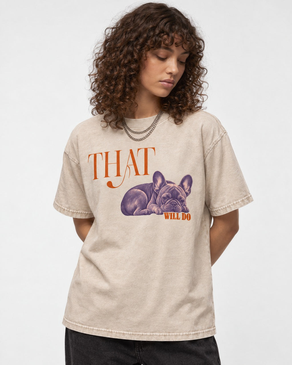 Frenchie That Will Do Resting Graphic Washed Tee in Apricot, worn by a model