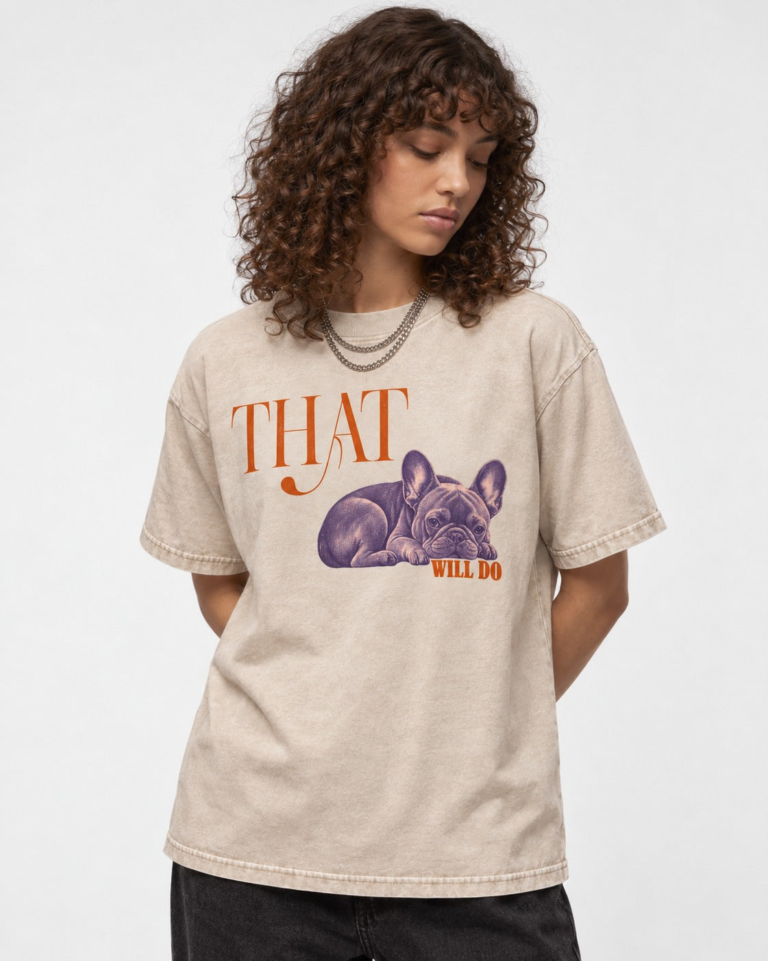Frenchie That Will Do Resting Graphic Washed Tee in Apricot, worn by a model