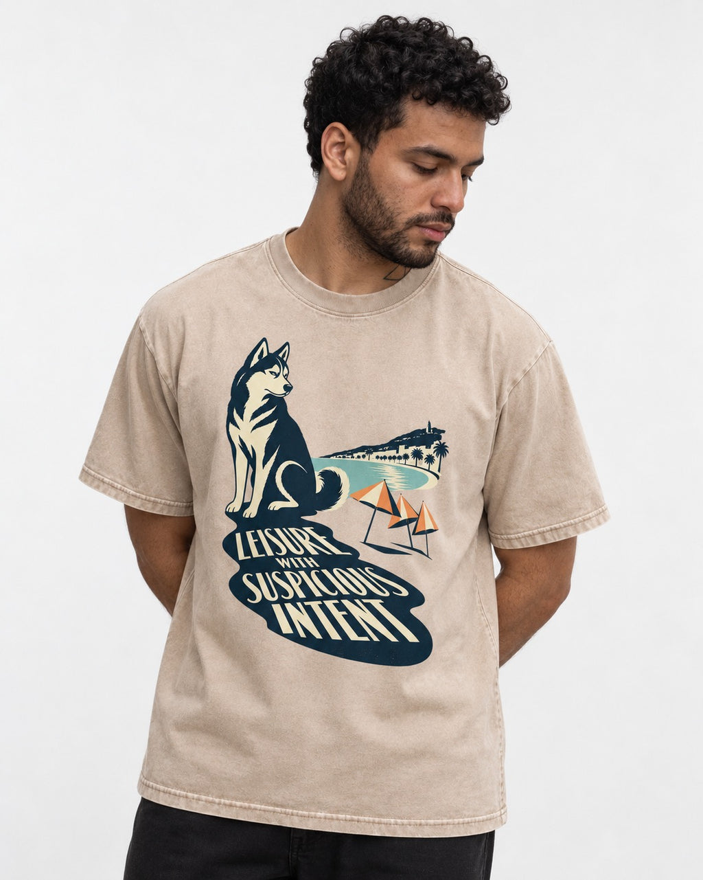 Husky Leisure with Suspicious Intent Washed Tee in Apricot, worn by a model