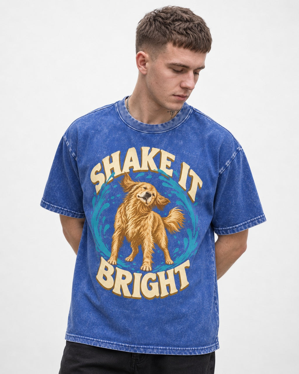 Golden Retriever Shake It Bright Water Ring Graphic Washed Tee in Royal Blue, worn by a model