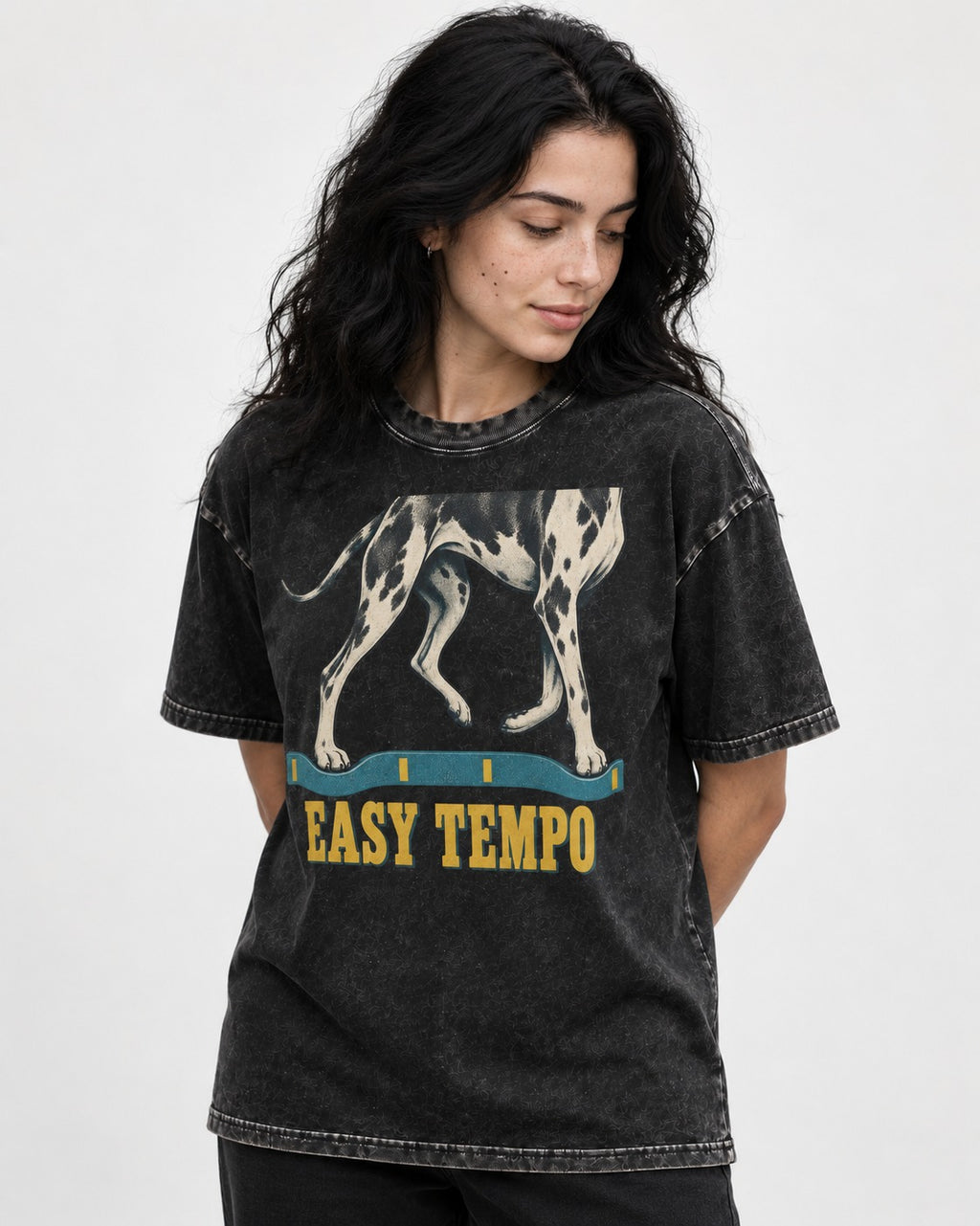 Great Dane Easy Tempo Elastic Band Legs Graphic Washed Tee in Black, worn by a model