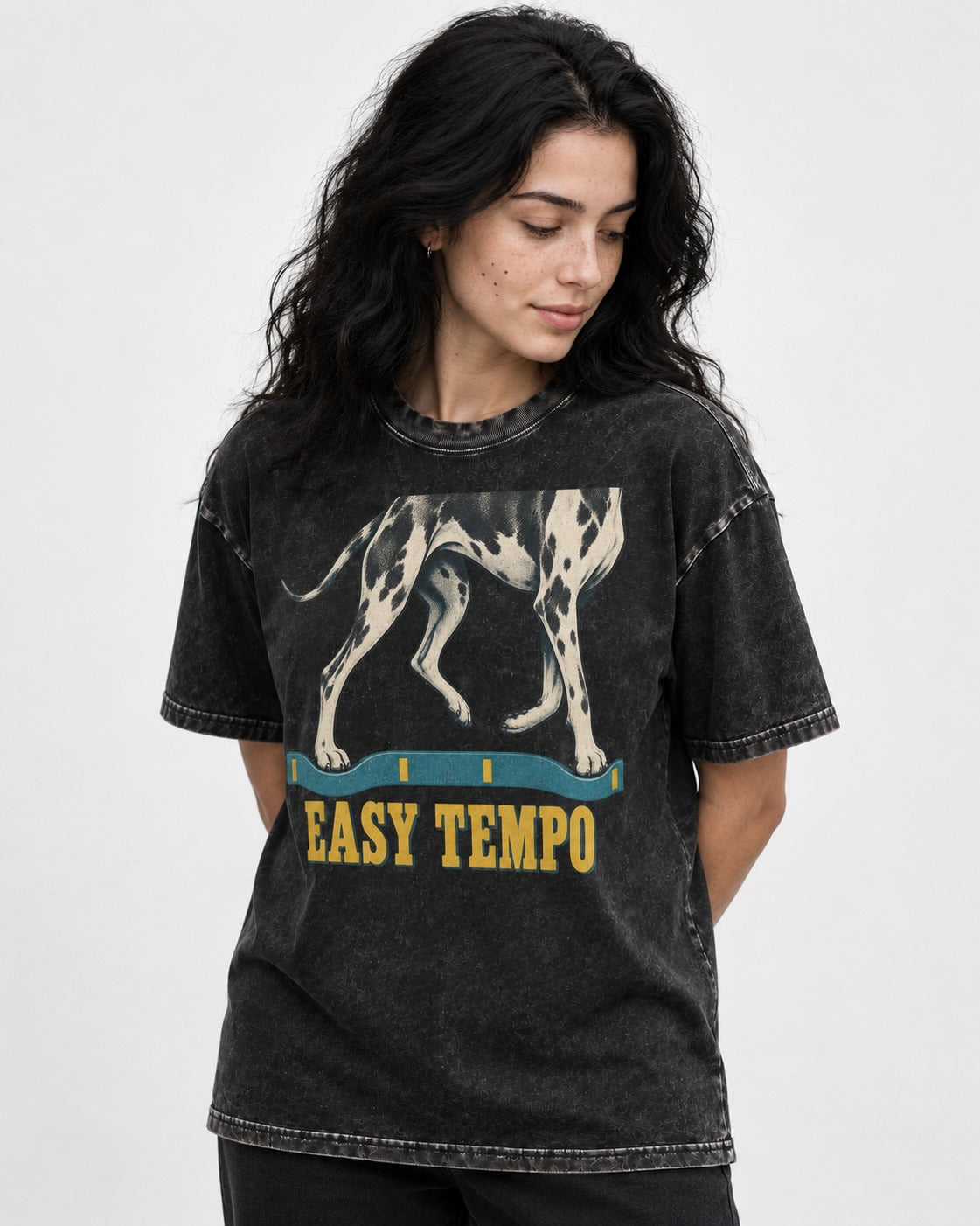Great Dane Easy Tempo Elastic Band Legs Graphic Washed Tee in Black, worn by a model