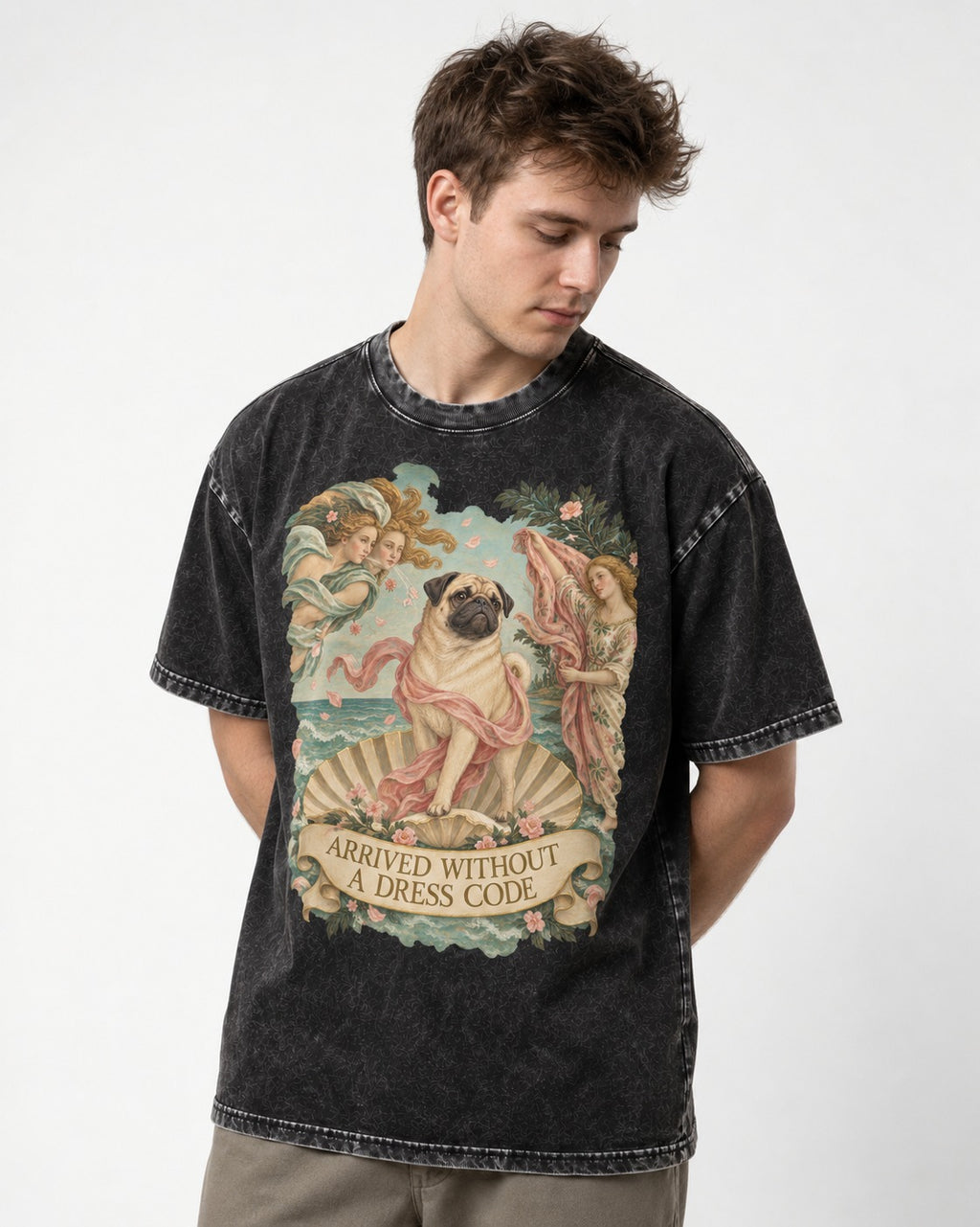 Pug Arrived Without a Dress Code Venus Parody Graphic Washed Tee in Black, worn by a model