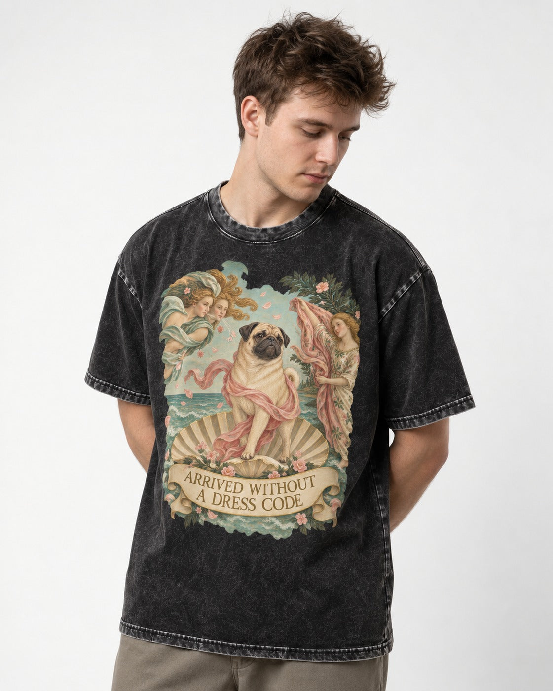 Pug Arrived Without a Dress Code Venus Parody Graphic Washed Tee in Black, worn by a model