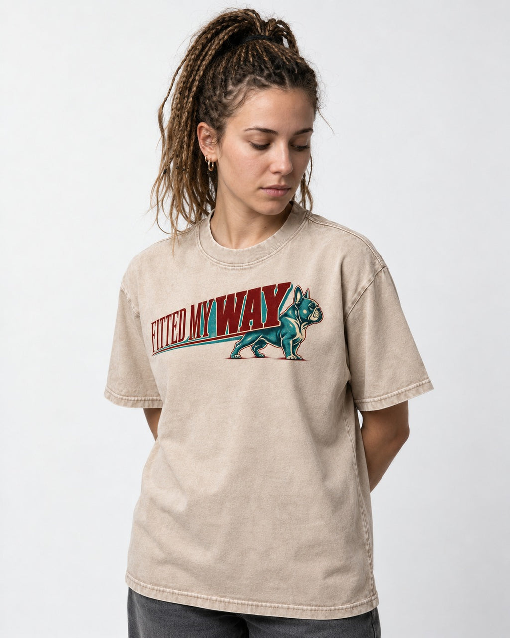 Frenchie Fitted My Way Collegiate Graphic Washed Tee in Apricot, worn by a model
