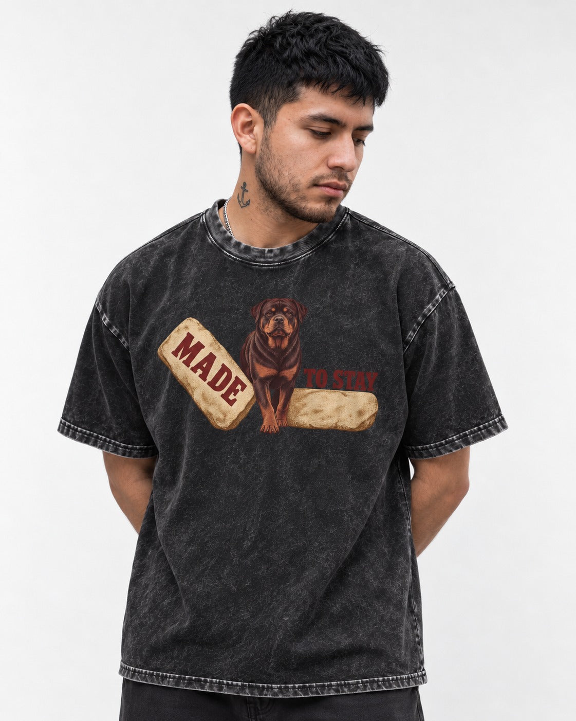 Rottweiler Made to Stay Stepping Stone Graphic Washed Tee in Black, worn by a model