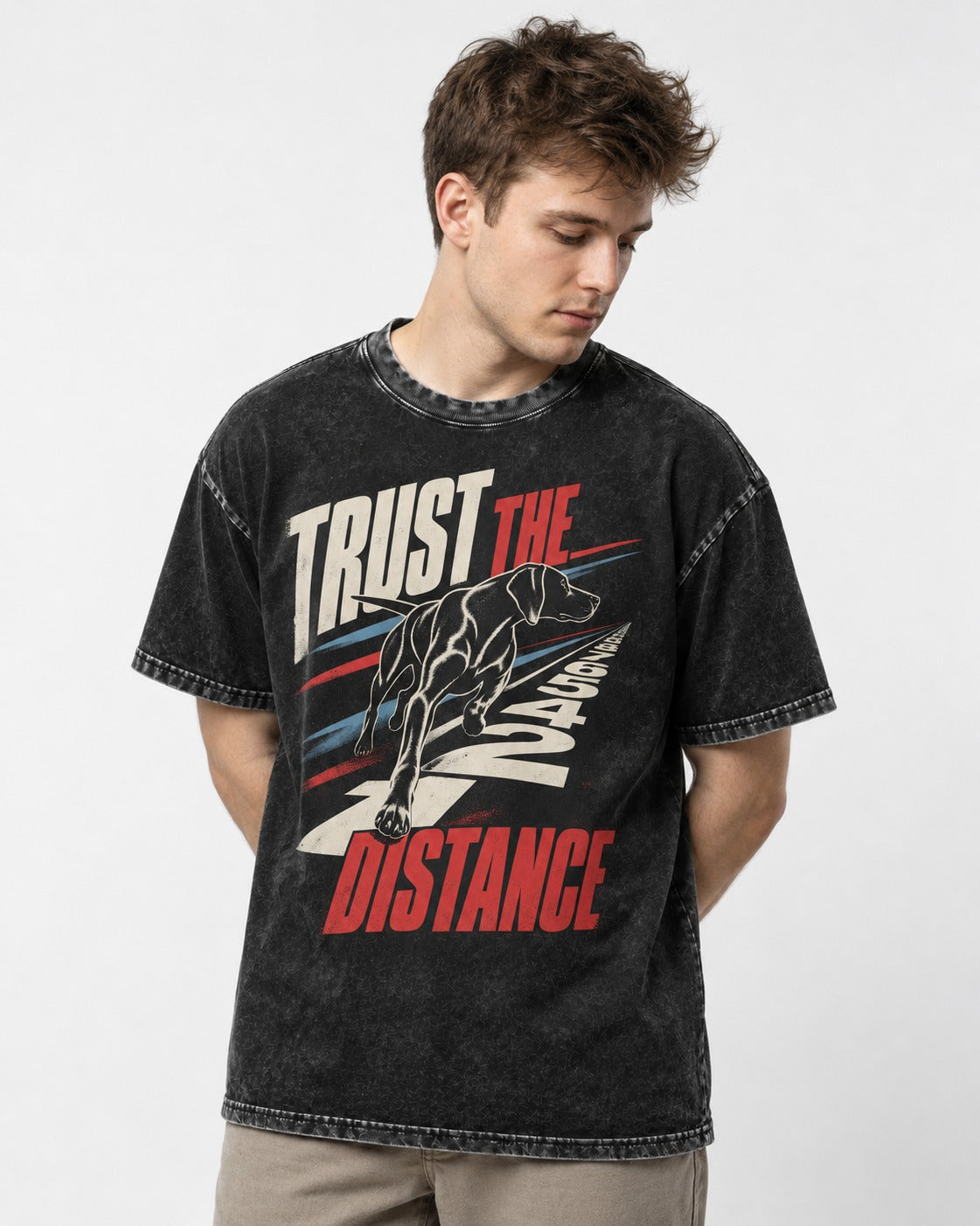 Trust the Distance German Shorthaired Pointer Graphic Washed Tee in Black, worn by a model