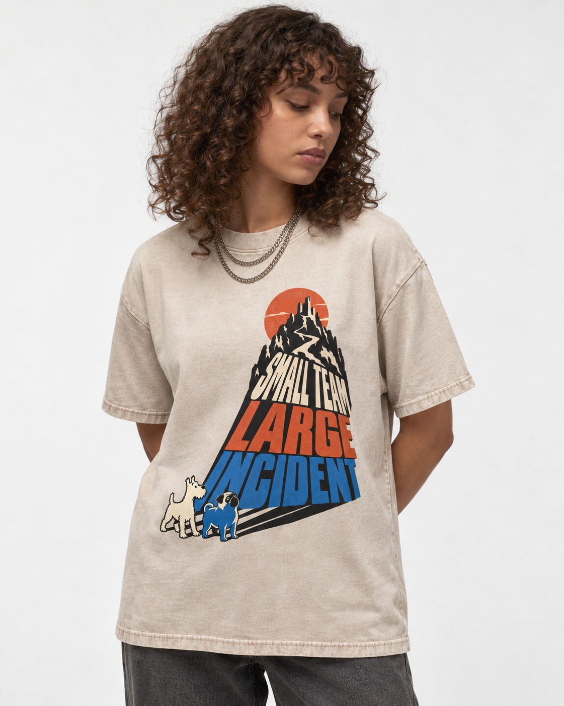 Pug Small Team Large Incident Mountain Graphic Washed Tee in Apricot, worn by a model