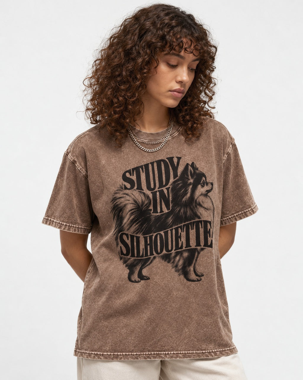 Pomeranian Study in Silhouette Washed Tee in Coffee, worn by a model