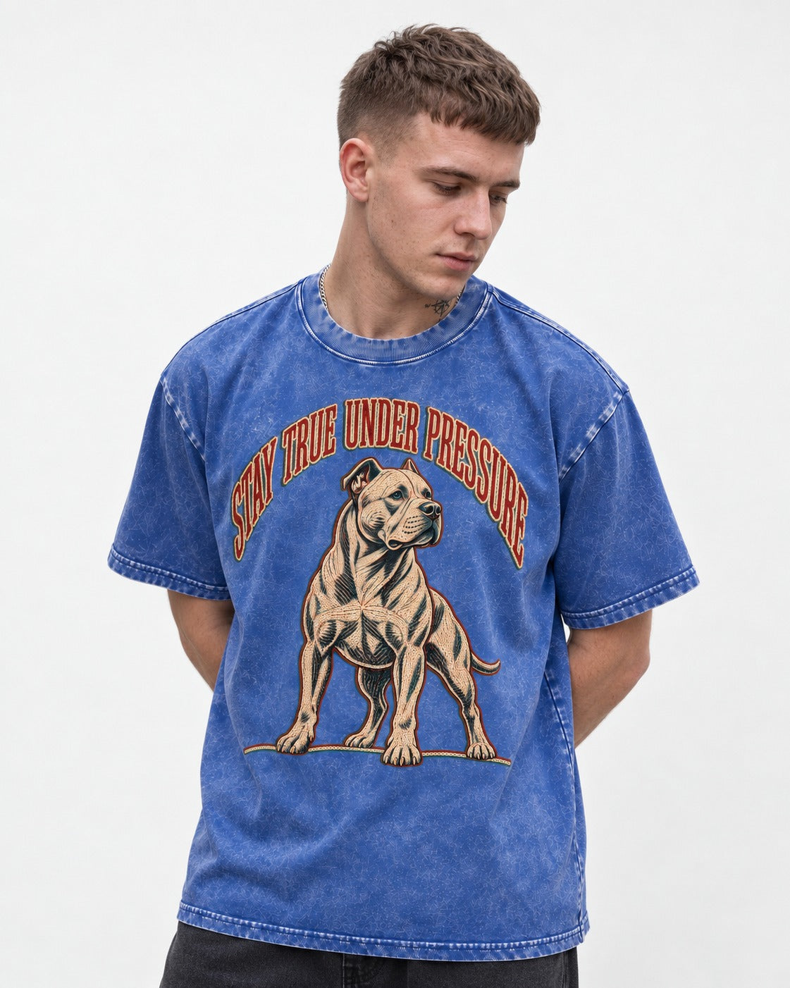 Pitbull Stay True Under Pressure Stance Graphic Washed Tee in Royal Blue, worn by a model