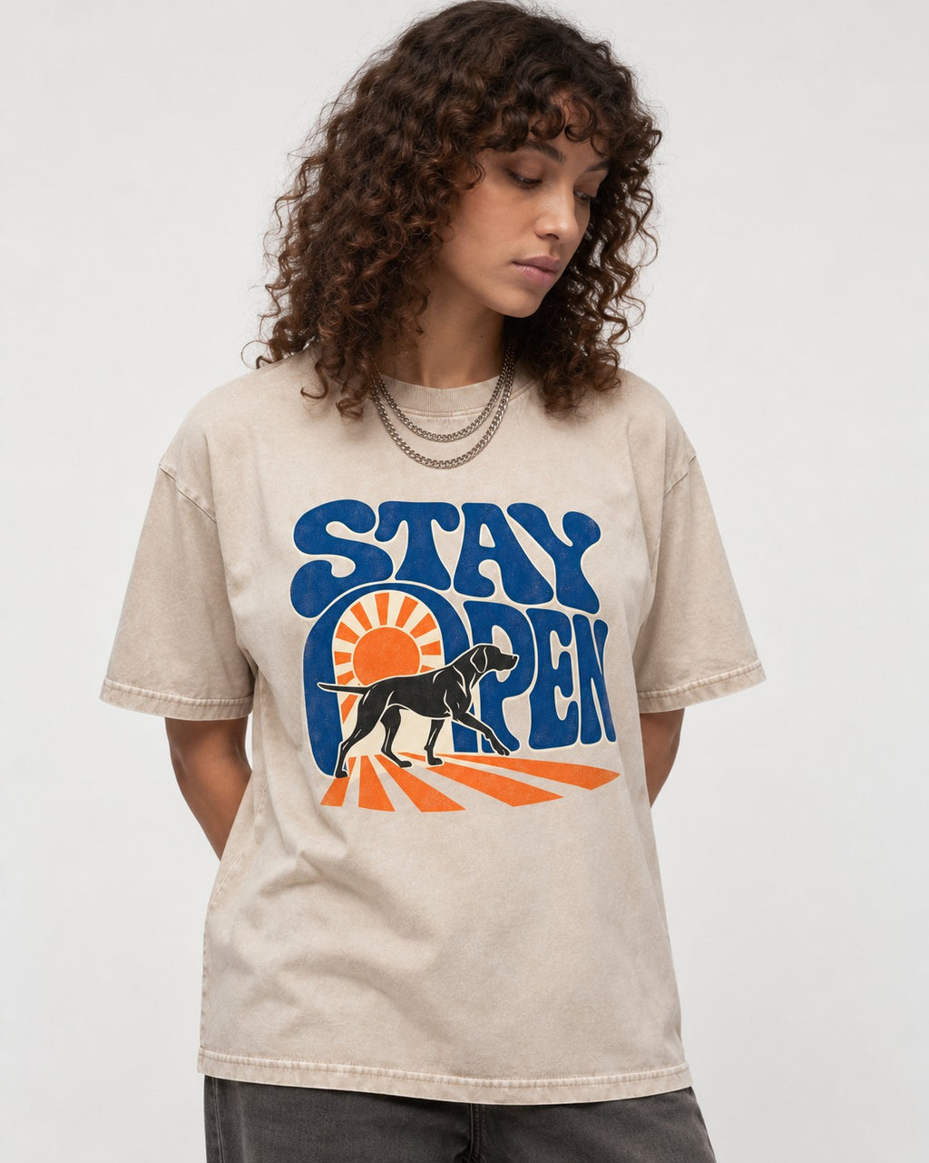 Stay Open German Shorthaired Pointer Washed Tee in Apricot, worn by a model