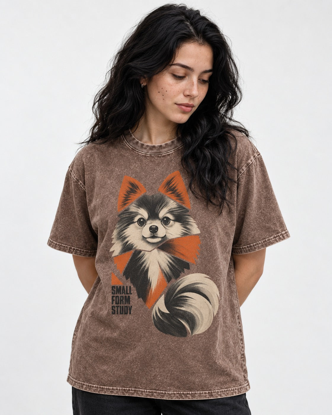 Pomeranian Small Form Study Washed Tee in Coffee, worn by a model