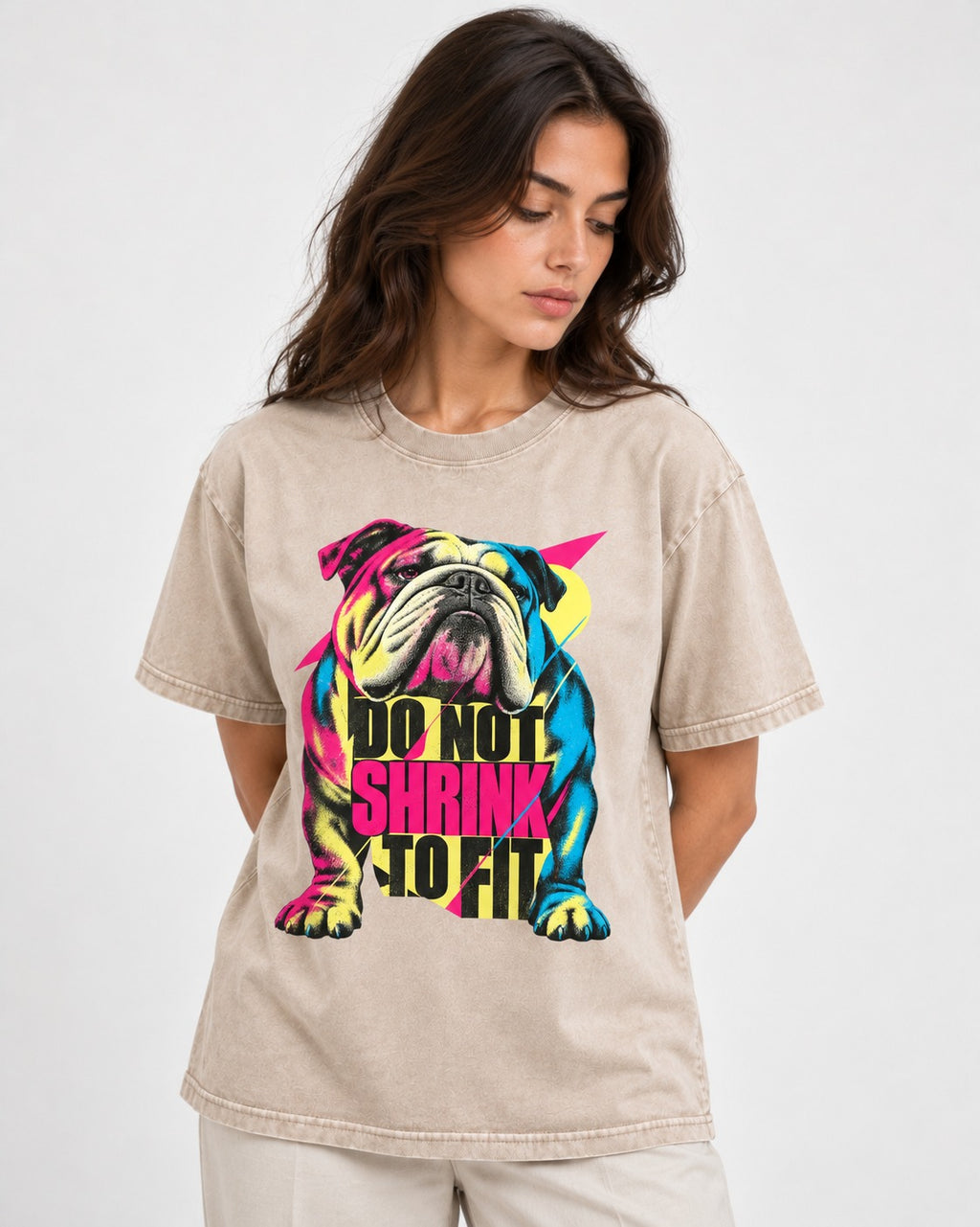 English Bulldog Don't Shrink to Fit Washed Tee in Apricot, worn by a model