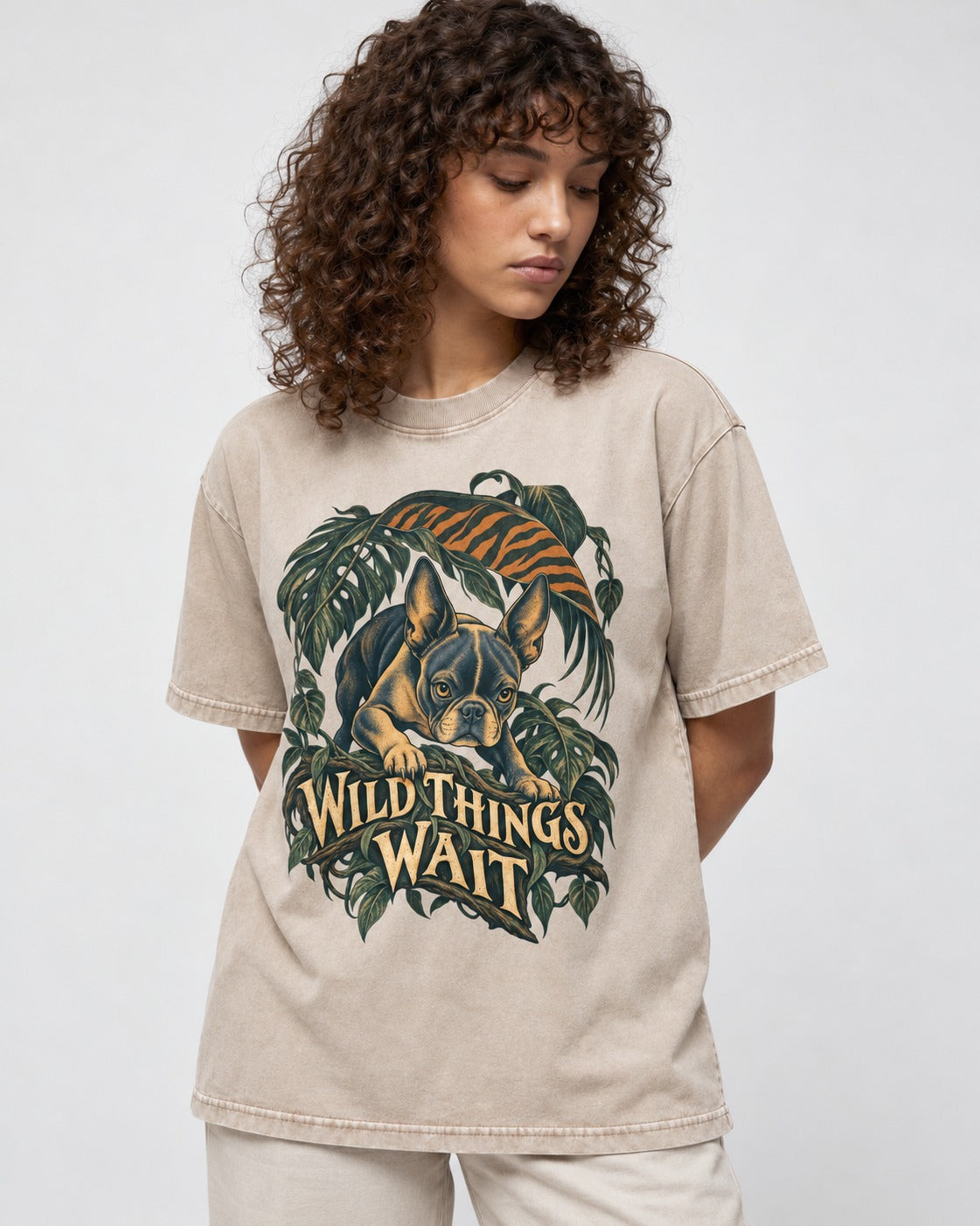 Boston Terrier Wild Things Wait Washed Tee in Apricot, worn by a model