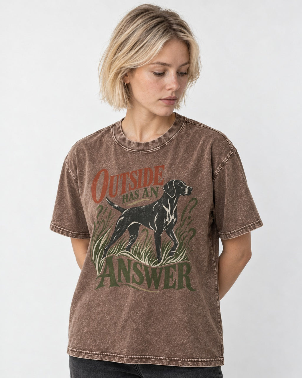 Outside Has an Answer German Shorthaired Pointer Washed Tee in Coffee, worn by a model