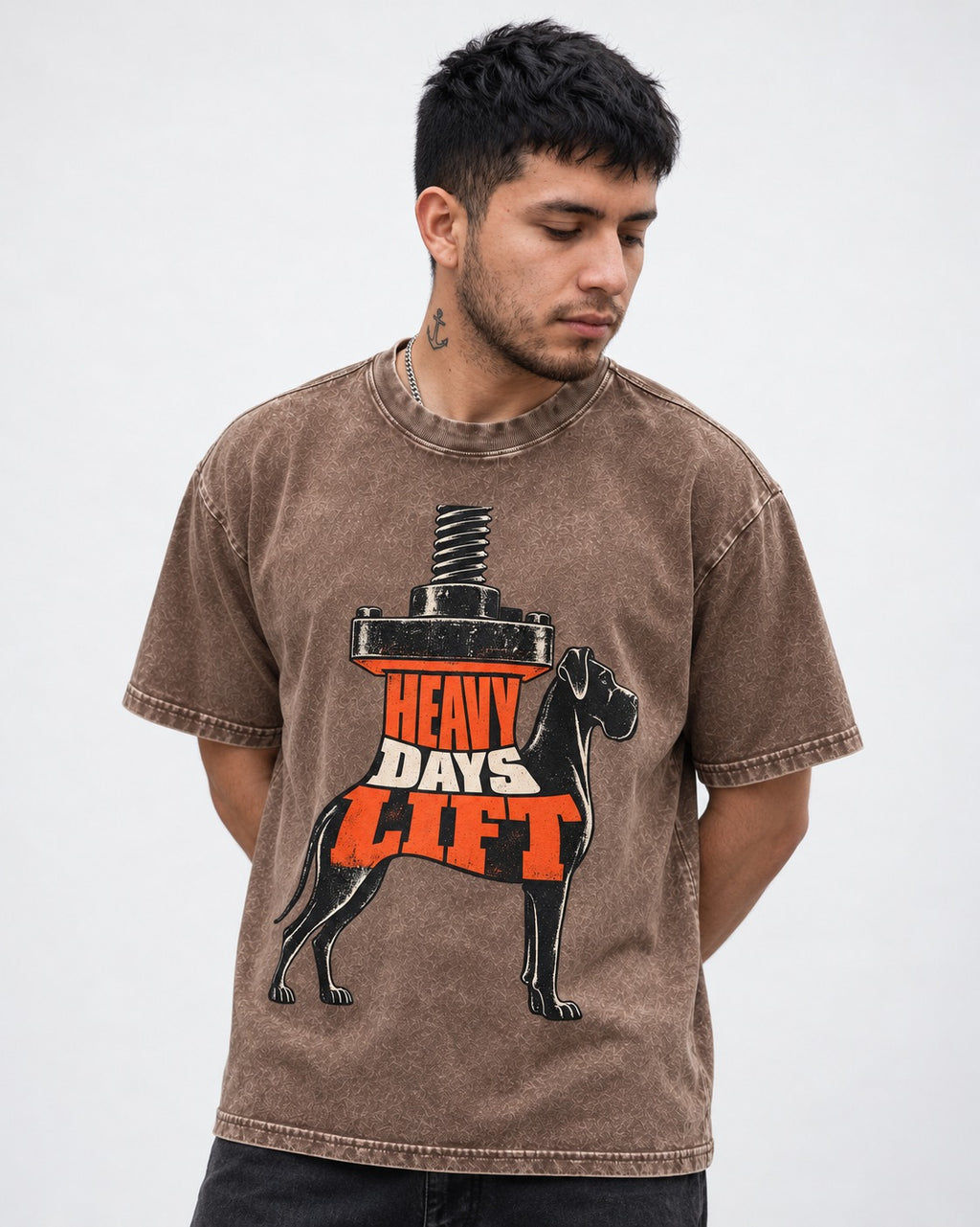 Great Dane Heavy Days Lift Washed Tee in Coffee, worn by a model