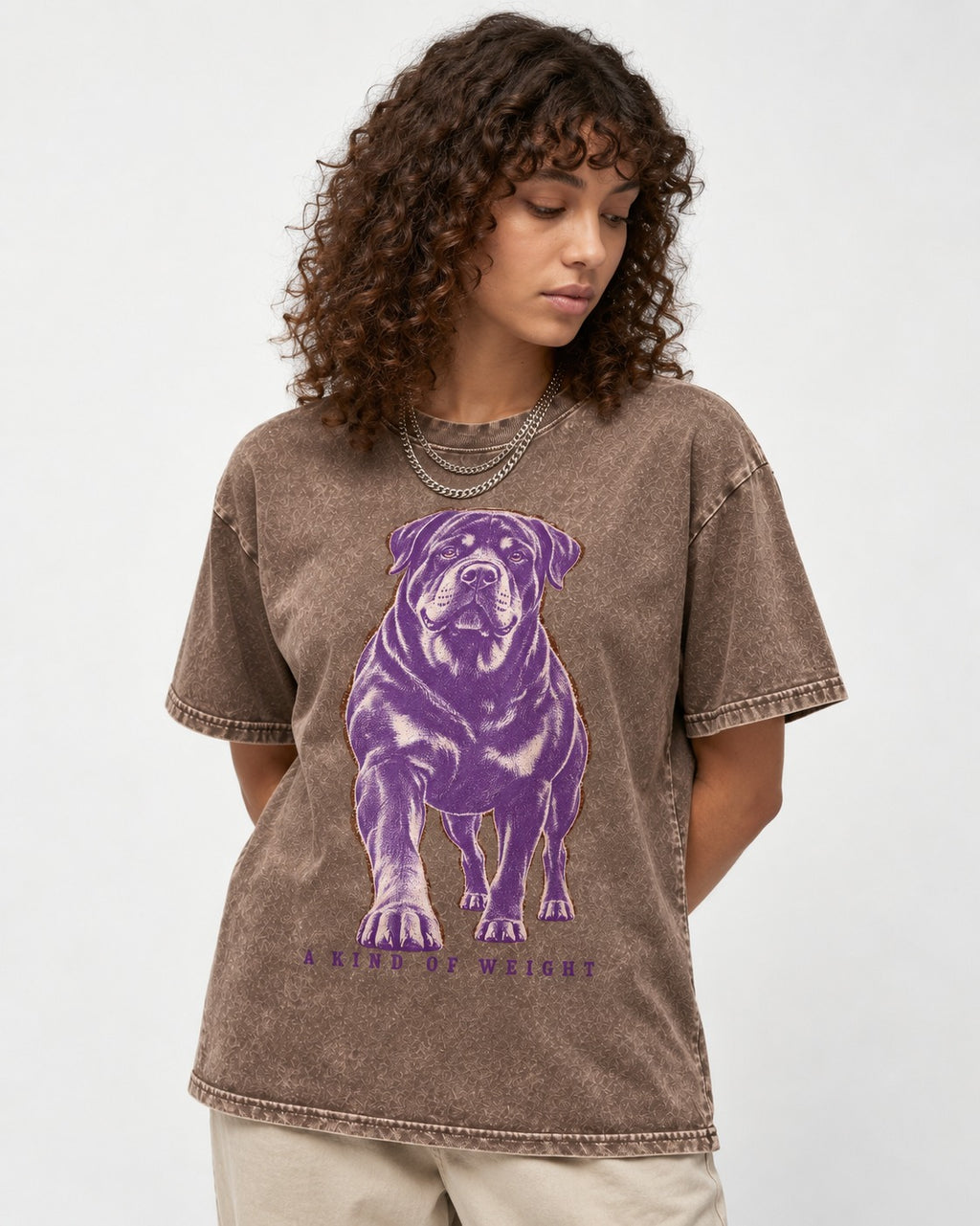 Rottweiler A Kind of Weight Washed Tee in Coffee, worn by a model