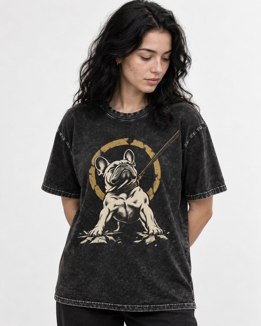 Frenchie Stubborn Leash Monument Graphic Washed Tee in Black, worn by a model