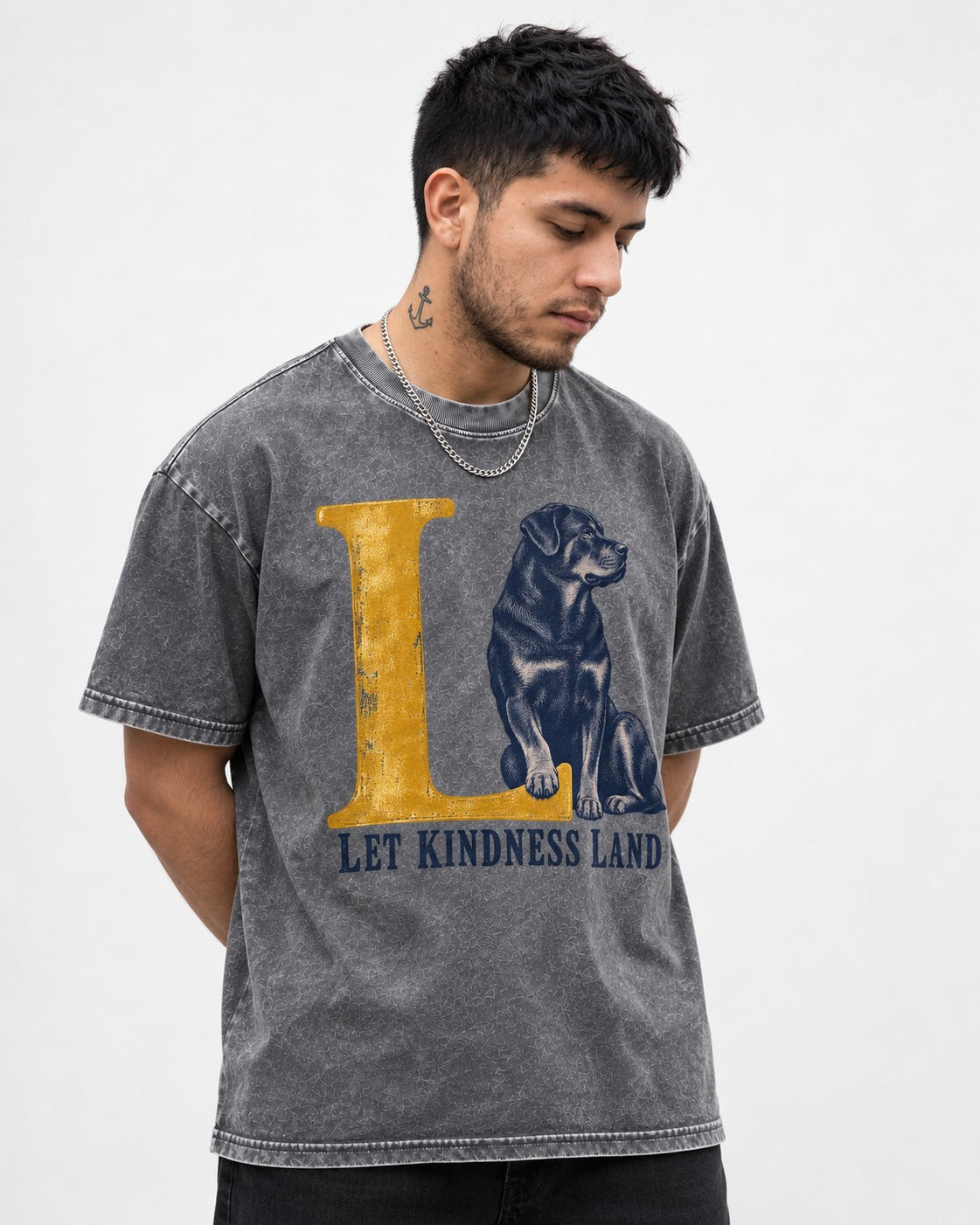 Let Kindness Lead Rottweiler Washed Tee in Gray, worn by a model