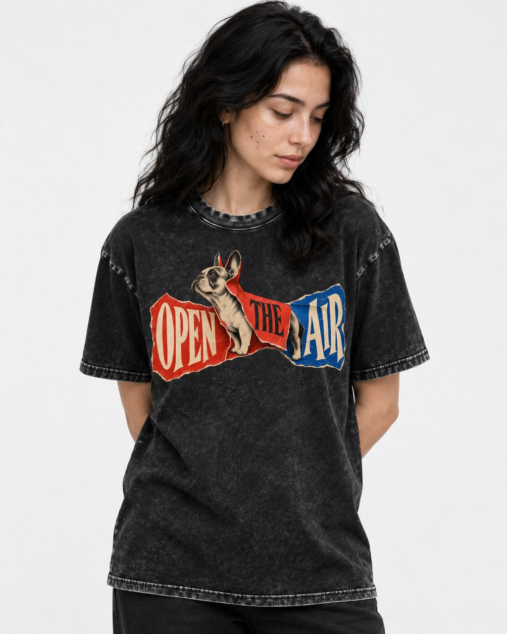 Frenchie Open the Air Torn Poster Graphic Washed Tee in Black, worn by a model