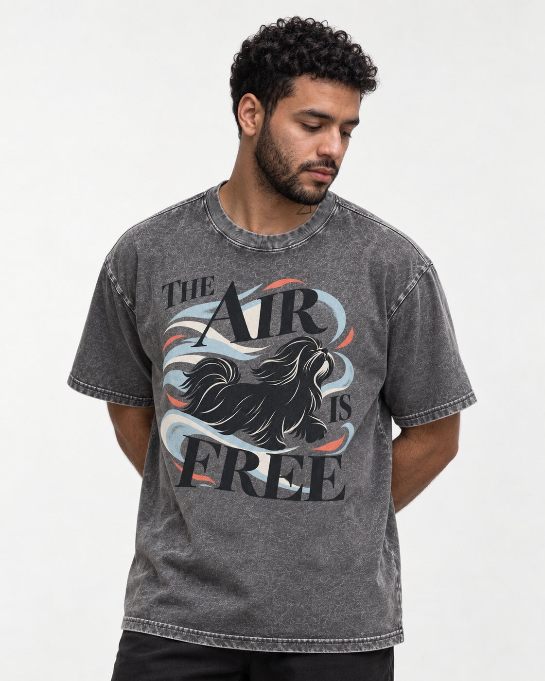 The Air Is Free Shih Tzu Washed Tee in Gray, worn by a model